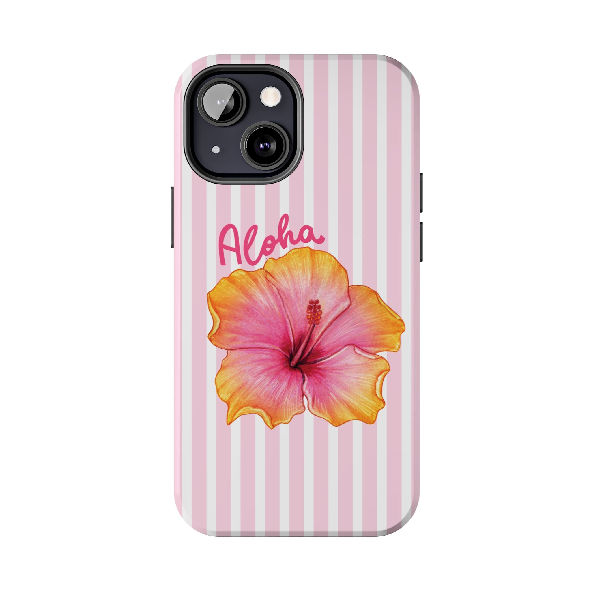 Aloha Hibiscus iPhone Case | Cute Tropical Floral Phone Case | Pink Striped Aesthetic Cover | Summer Beach Vibes Tough Case