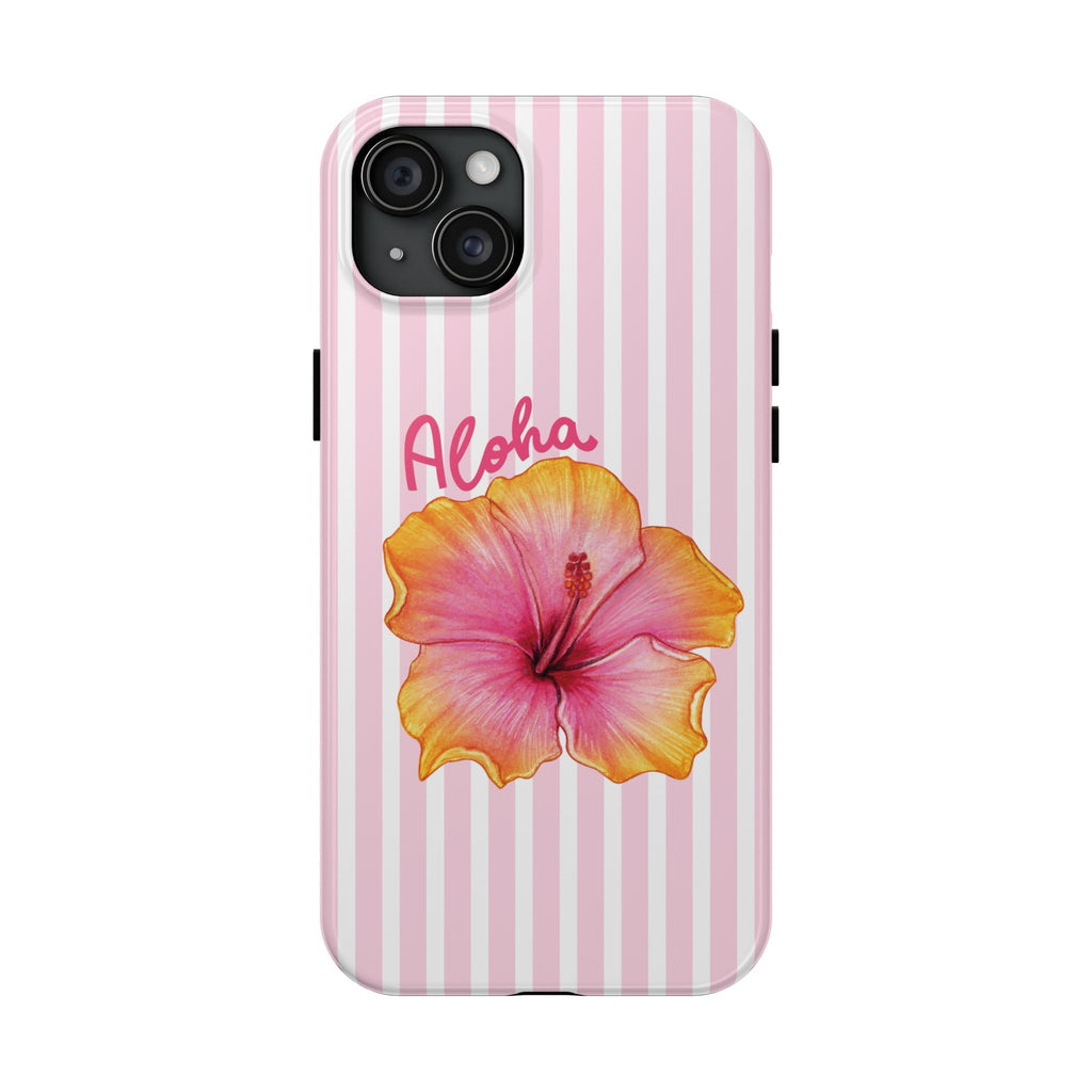Aloha Hibiscus iPhone Case | Cute Tropical Floral Phone Case | Pink Striped Aesthetic Cover | Summer Beach Vibes Tough Case