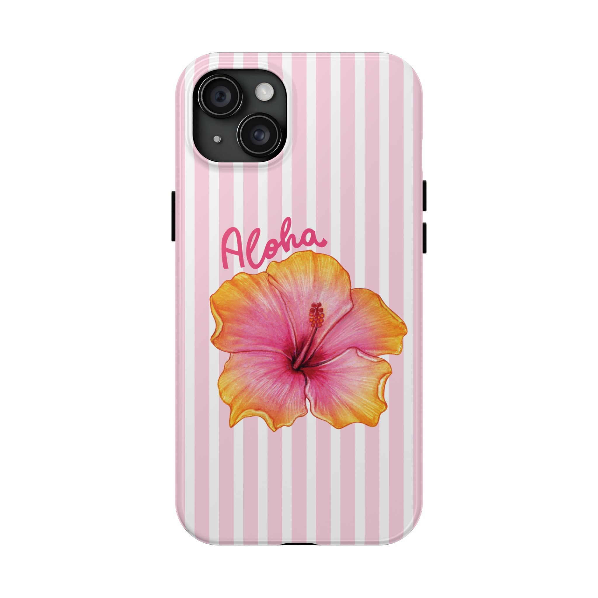 Aloha Hibiscus iPhone Case | Cute Tropical Floral Phone Case | Pink Striped Aesthetic Cover | Summer Beach Vibes Tough Case