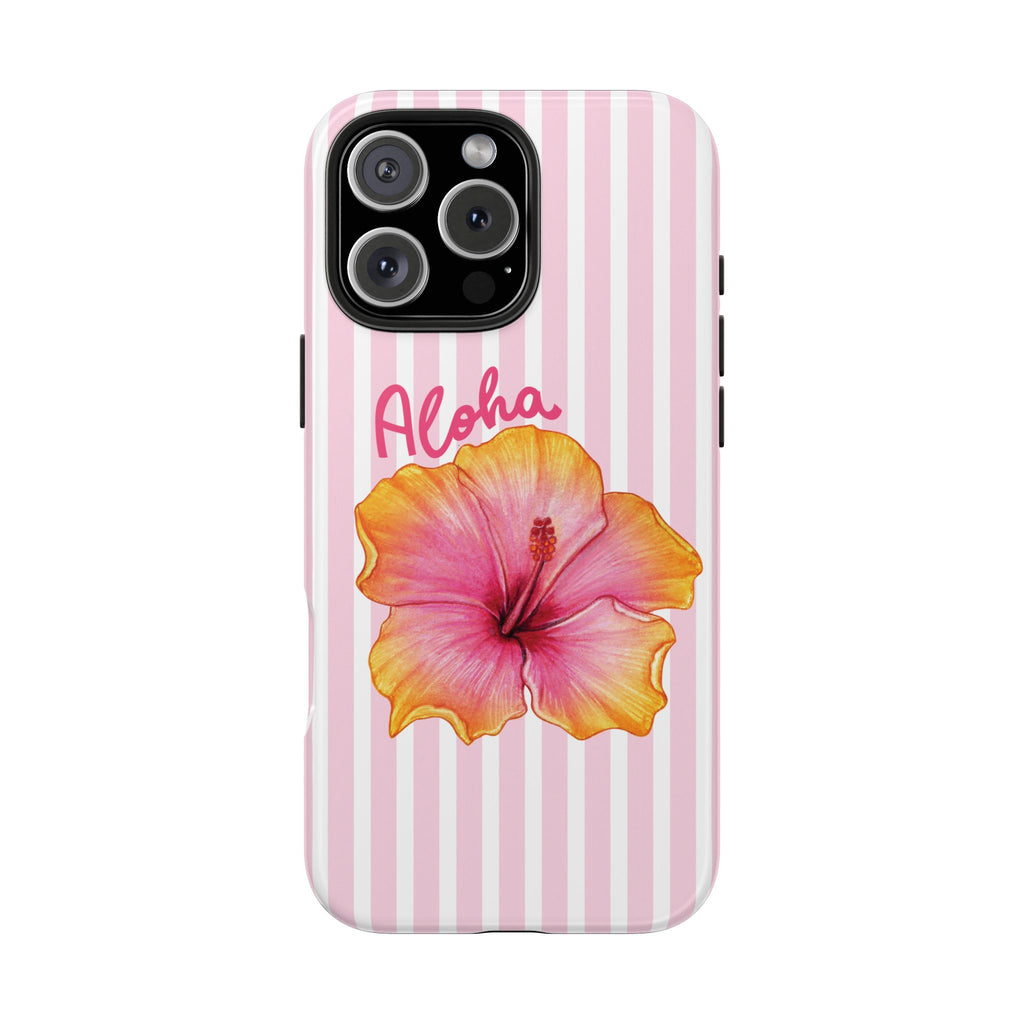 Aloha Hibiscus iPhone Case | Cute Tropical Floral Phone Case | Pink Striped Aesthetic Cover | Summer Beach Vibes Tough Case
