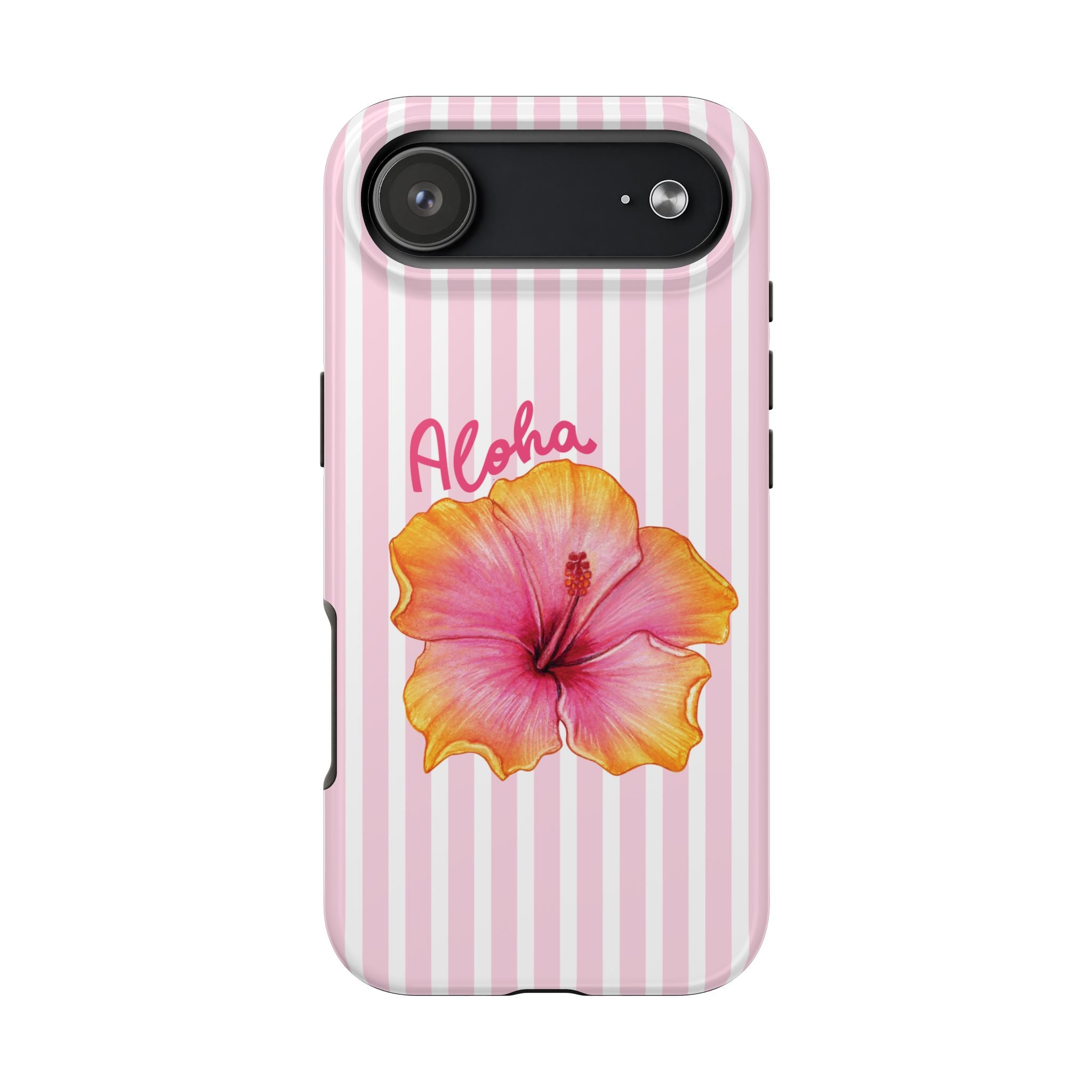 Aloha Hibiscus iPhone Case | Cute Tropical Floral Phone Case | Pink Striped Aesthetic Cover | Summer Beach Vibes Tough Case