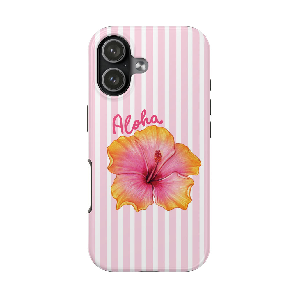 Aloha Hibiscus iPhone Case | Cute Tropical Floral Phone Case | Pink Striped Aesthetic Cover | Summer Beach Vibes Tough Case