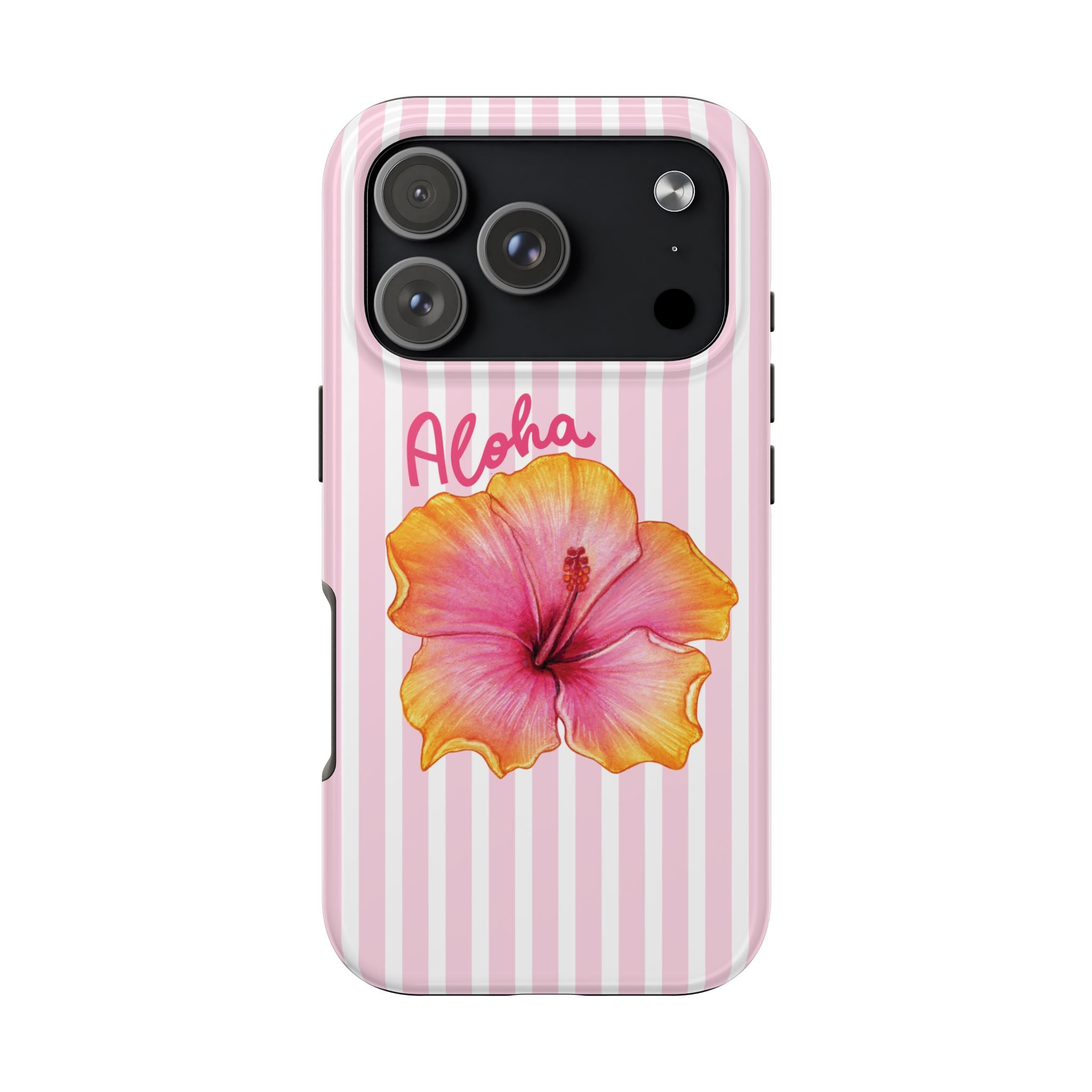 Aloha Hibiscus iPhone Case | Cute Tropical Floral Phone Case | Pink Striped Aesthetic Cover | Summer Beach Vibes Tough Case