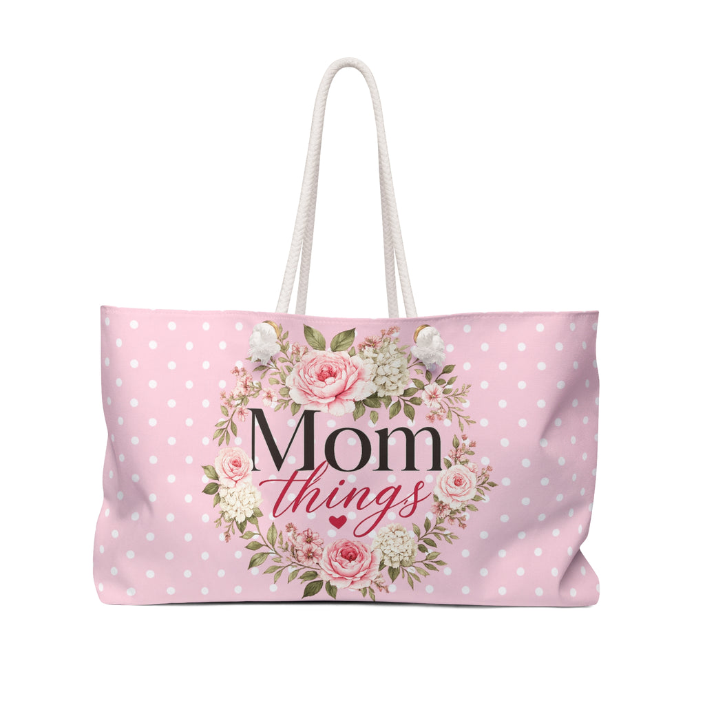 Mom Things Floral Weekender Bag | Pink Polka Dot Travel Tote for Moms | Large Overnight & Baby Essentials Bag | Pink Floral Tote for Mother’s Day Gift