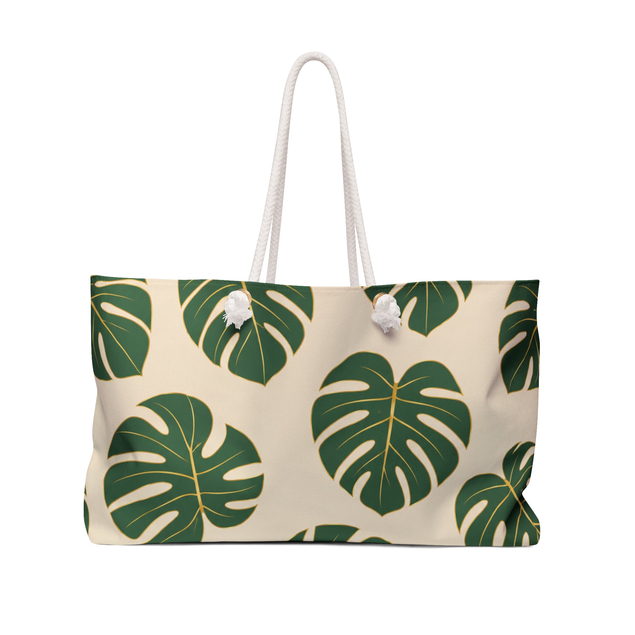 Tropical Monstera Weekender Bag | Beige & Green Travel Tote | Luxury Coastal Overnight Bag | Beach Vacation Carryall | Rope Handle Weekend Bag | Tropical Travel Tote