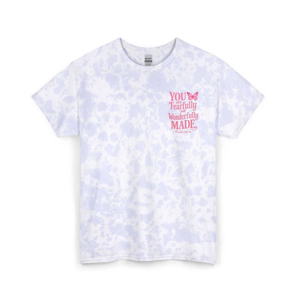 Faith Tie Dye T-Shirt | Fearfully and Wonderfully Made Christian Graphic Tee | Cute Pink Butterfly Bible Verse Shirt | Inspirational Psalm Shirt