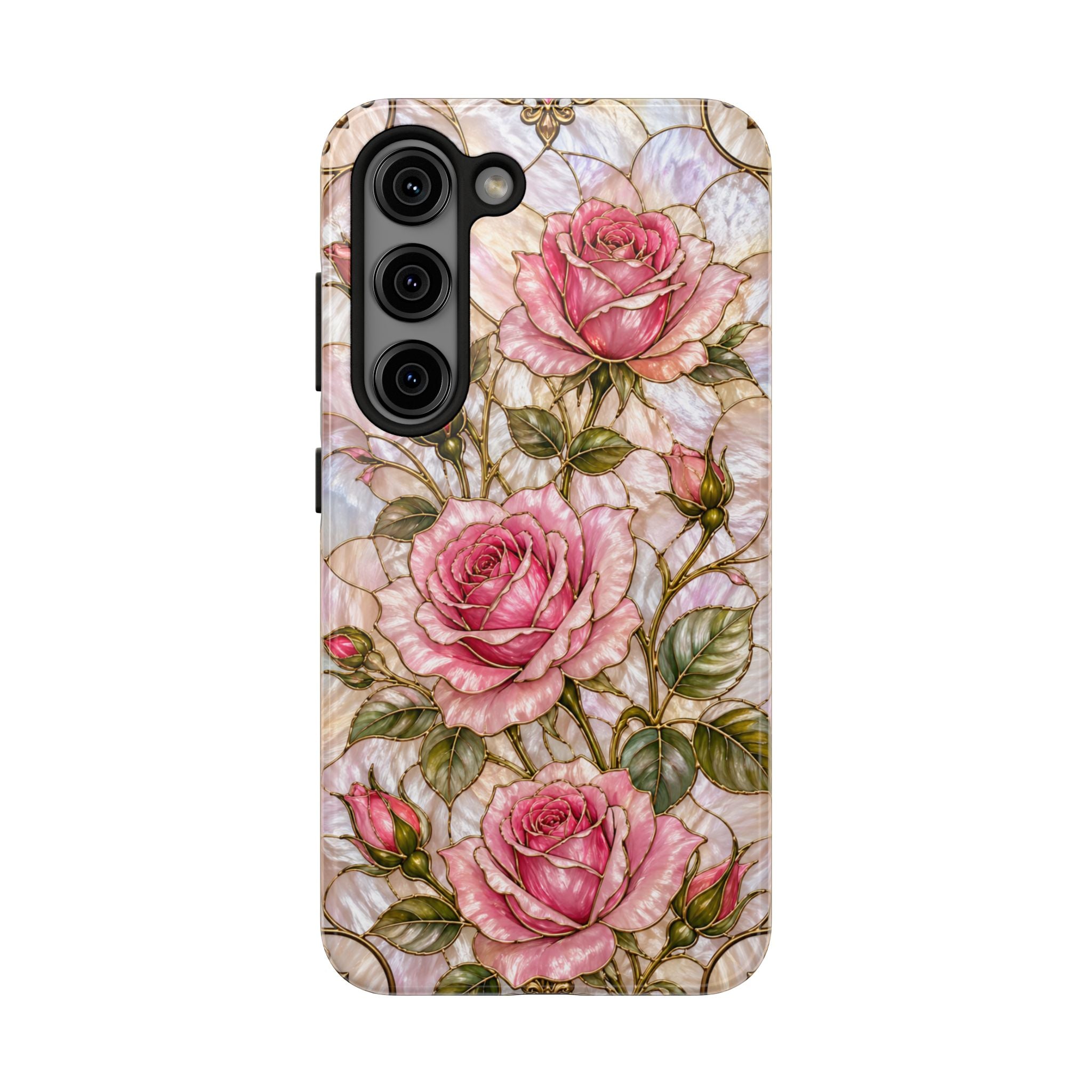 Luxury Pink Roses Stained Glass Phone Case | Pearly Floral Design with Gold Details | iPhone & Samsung Protective Case | Pink Floral Protective Cover
