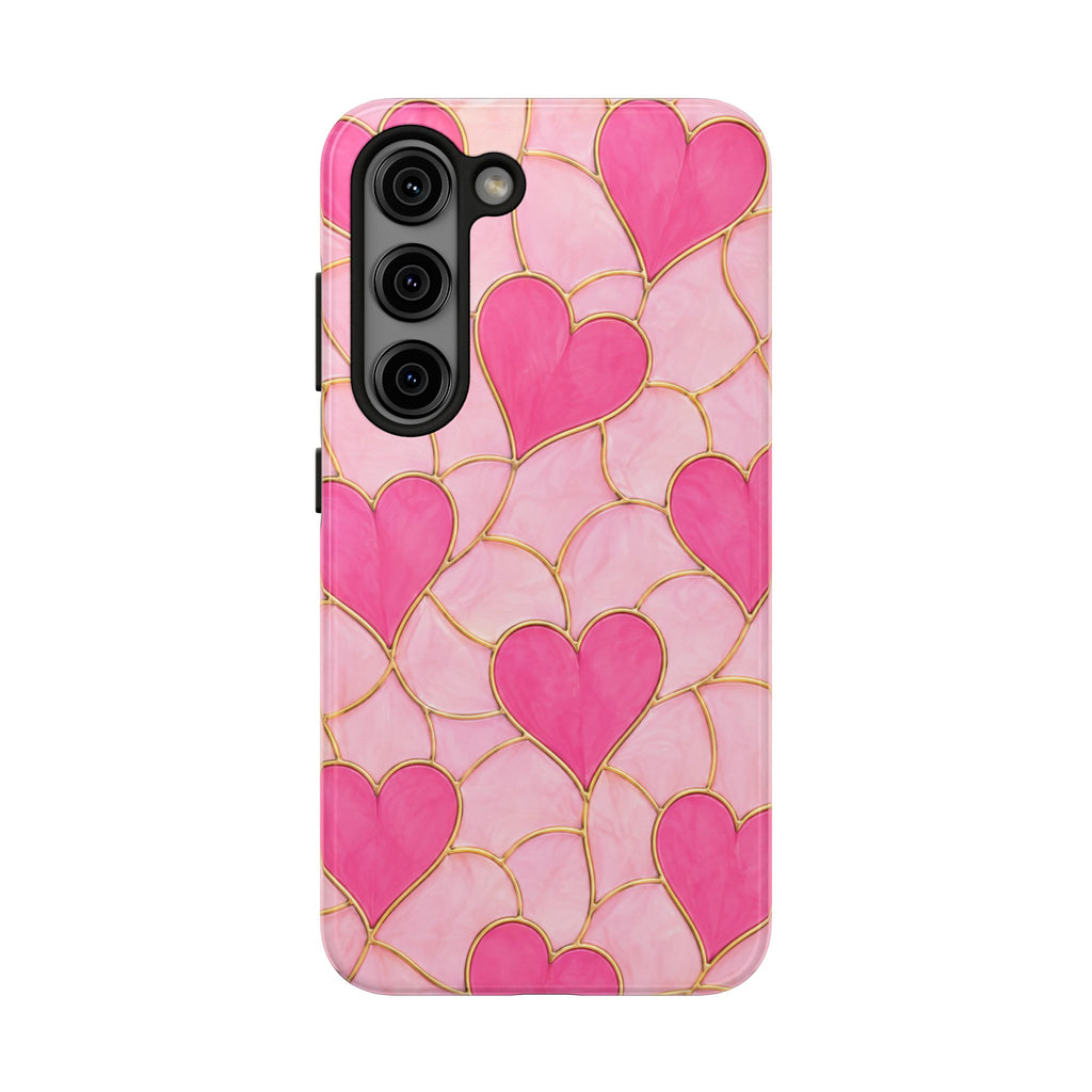 Pink Heart Faux Stained Glass Phone Case | Cute Valentine’s Day iPhone & Samsung Case | Girly Pink Hearts Aesthetic Protective Cover