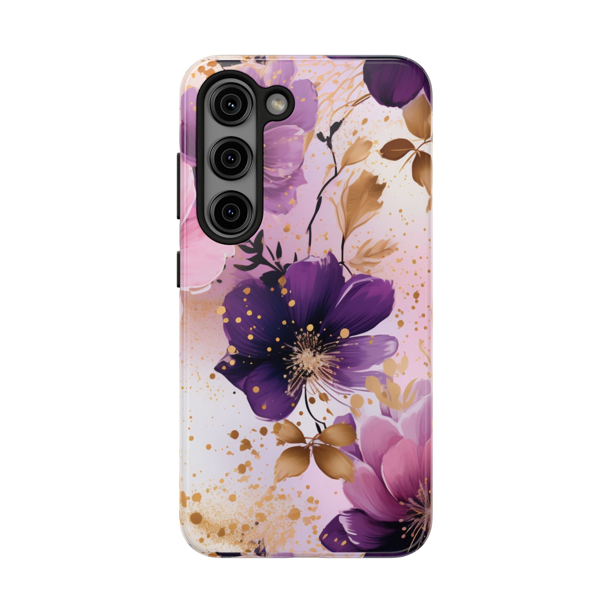 Purple Floral Phone Case for iPhone & Samsung Galaxy | Elegant Pink & Gold Flower Tough Case | Feminine Protective Floral Cover
