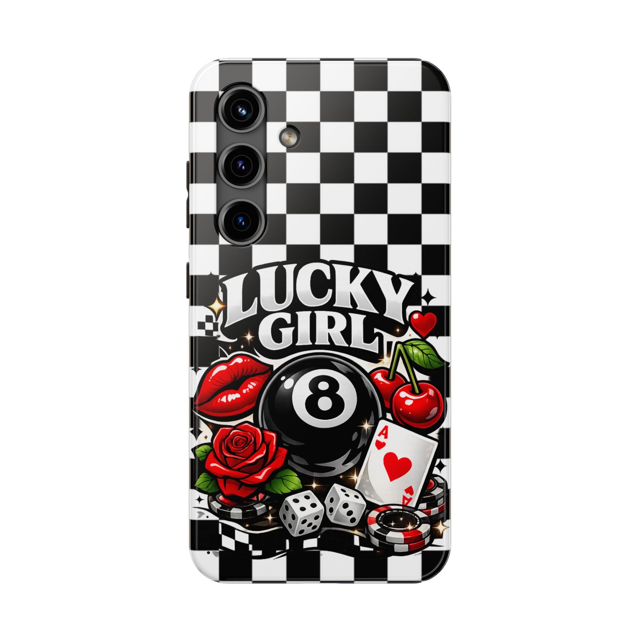 Lucky Girl 8 Ball Phone Case | Black & White Checkerboard Aesthetic | Casino Chic, Cherry & Rose | Glossy Tough Case for iPhone & Samsung
