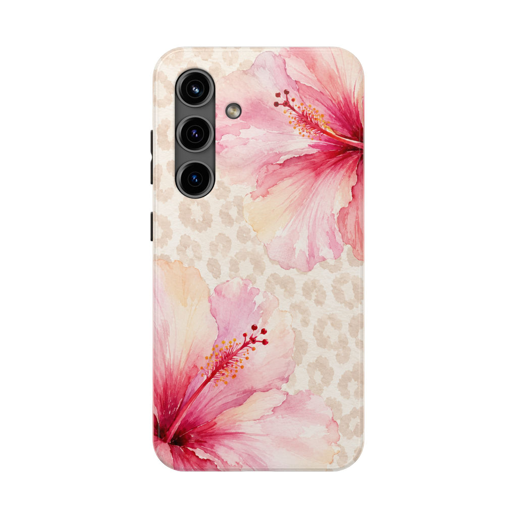 Pink Hibiscus Floral Phone Case | Beige Leopard Print Watercolor Case | Tropical Chic iPhone & Samsung Galaxy Cover