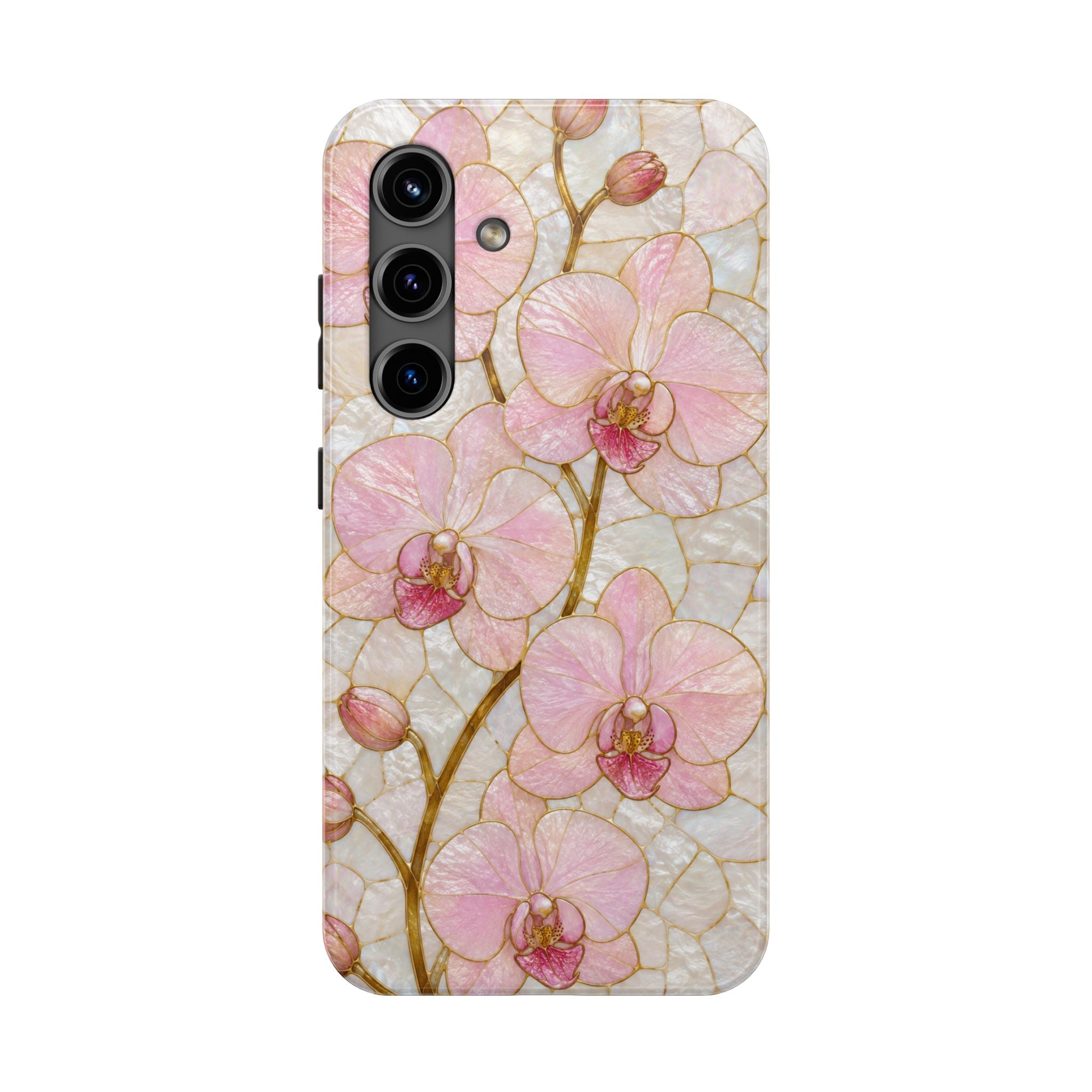 Pink Orchid Stained Glass Tough Phone Case |  Floral Glossy Protective Cover for iPhone & Samsung Galaxy | Tough Phone Case | Floral Protective iPhone Cover