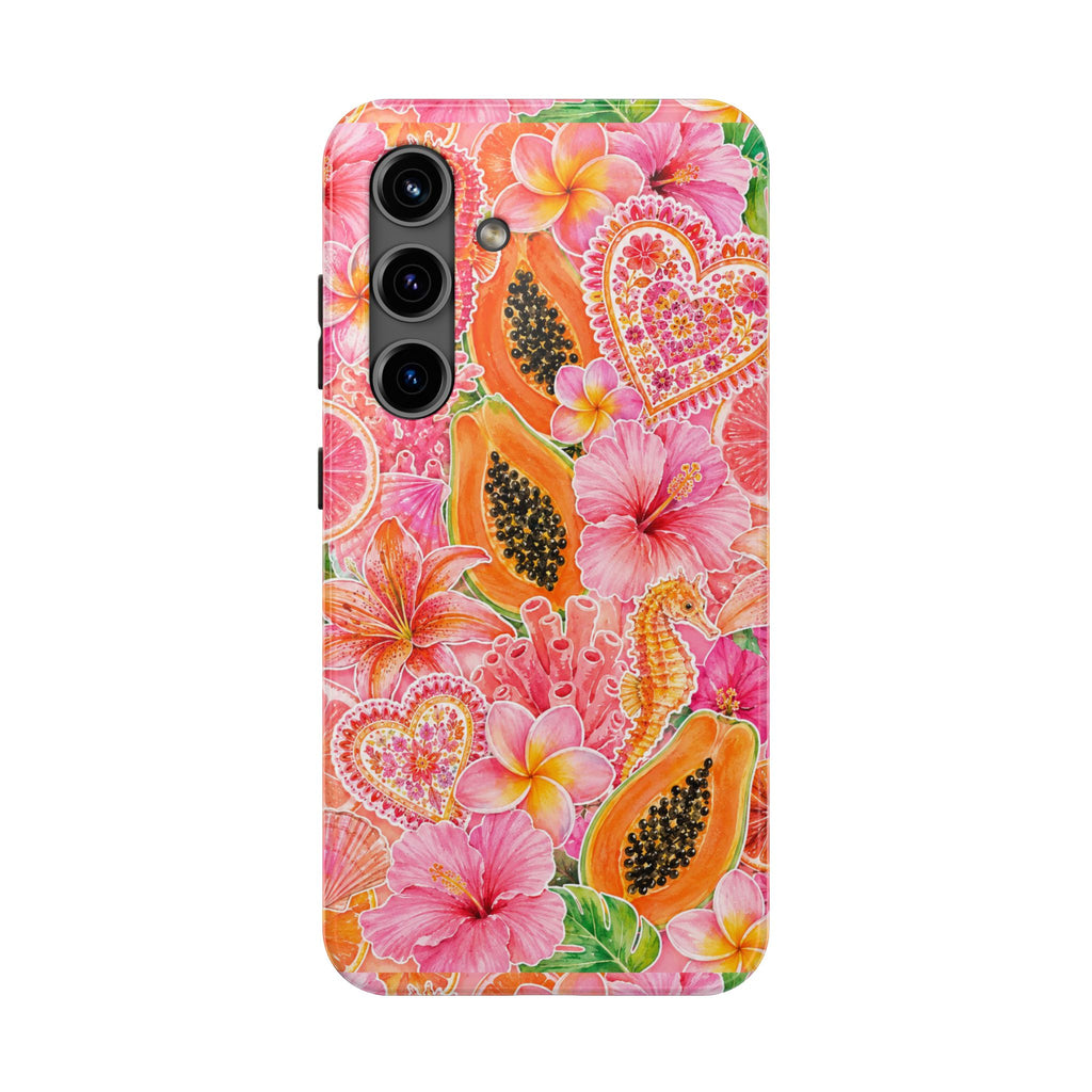 Tropical Hibiscus Papaya Phone Case | Pink Floral Beach Aesthetic Tough Case for iPhone & Samsung