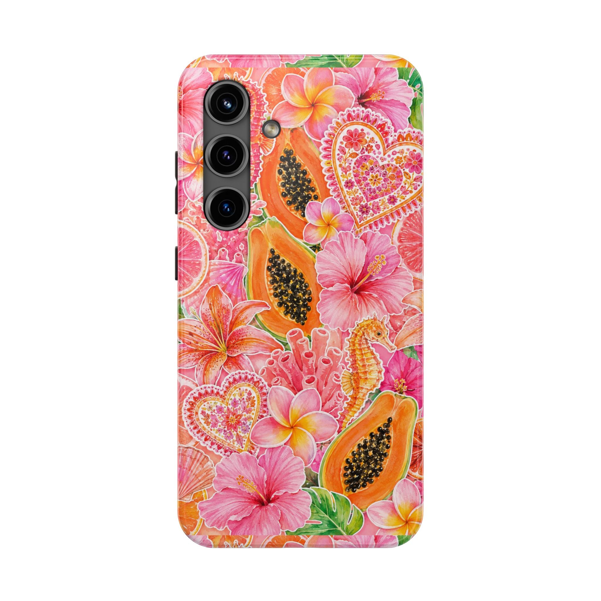 Tropical Hibiscus Papaya Phone Case | Pink Floral Beach Aesthetic Tough Case for iPhone & Samsung