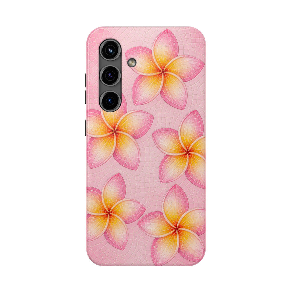 Pink Plumeria Stained Glass Phone Case | Tropical Floral Mosaic iPhone 17 case | Cute Aesthetic Tough Case for iPhone & Samsung
