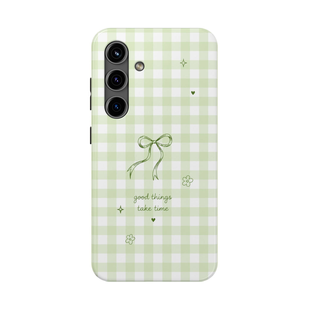 Sage Green Gingham Bow Phone Case | Cute Coquette Aesthetic iPhone & Samsung Galaxy Case | Protective Cover | Cute Bow Aesthetic Tough Case