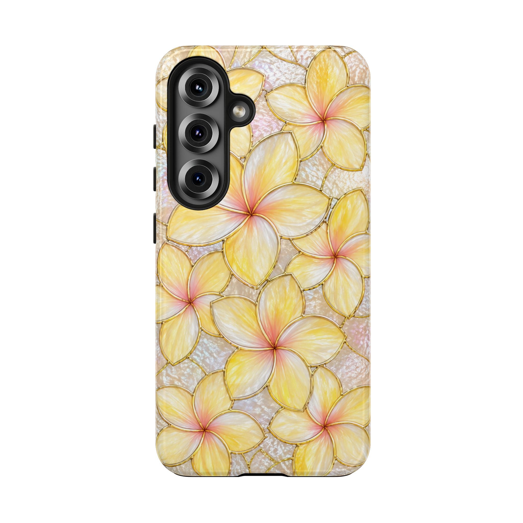 Luxury Plumeria Phone Case | Yellow & Pink Stained Glass Samsung Cover | Glossy Protective Case for iPhone & Samsung | Tough Phone Case | Tropical Floral Protective Cover