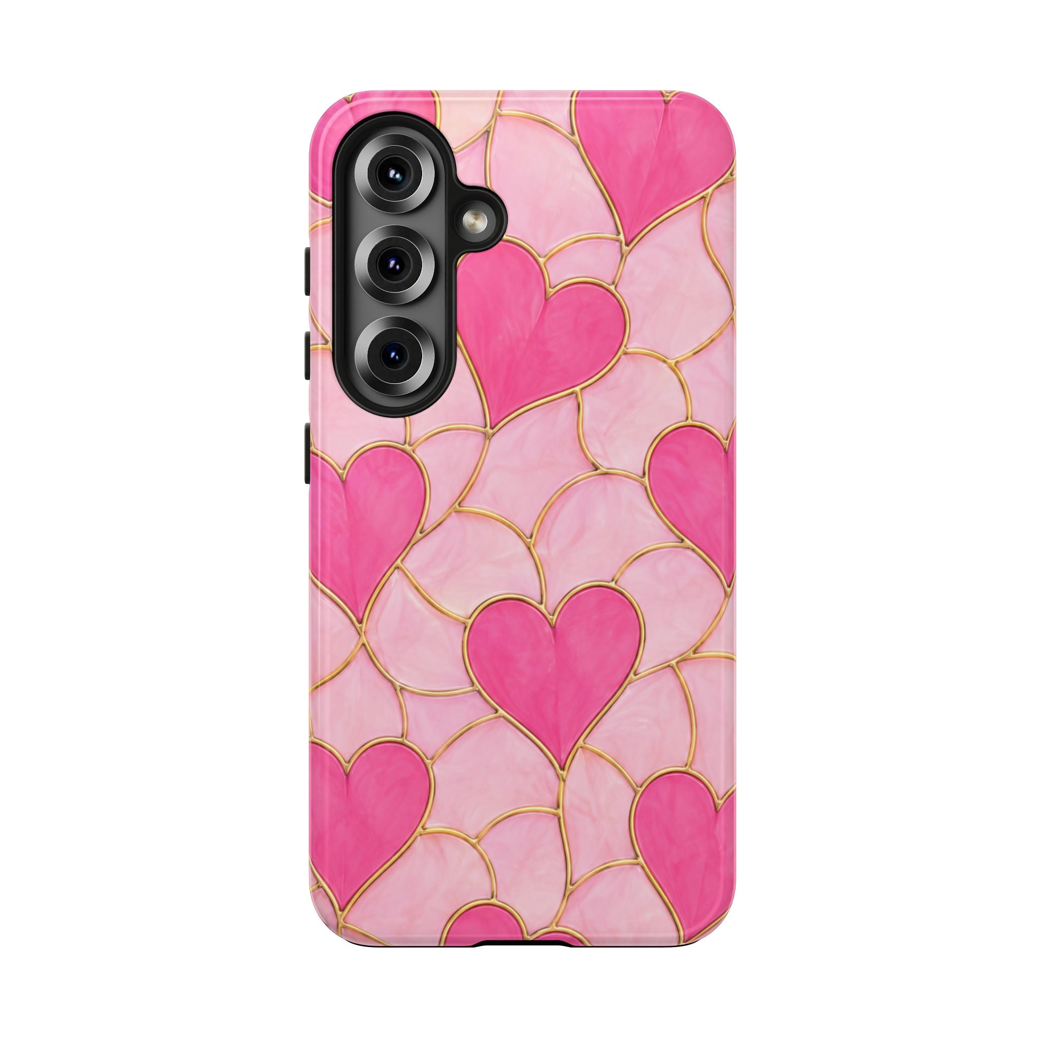 Pink Heart Faux Stained Glass Phone Case | Cute Valentine’s Day iPhone & Samsung Case | Girly Pink Hearts Aesthetic Protective Cover