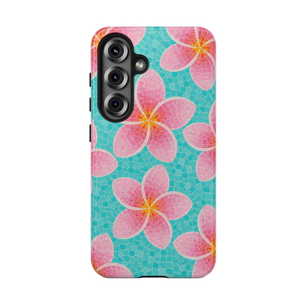 Pink Plumeria Faux Mosaic Phone Case | Tropical Floral Aqua iPhone & Samsung Galaxy Case | Beachy Summer Protective Cover