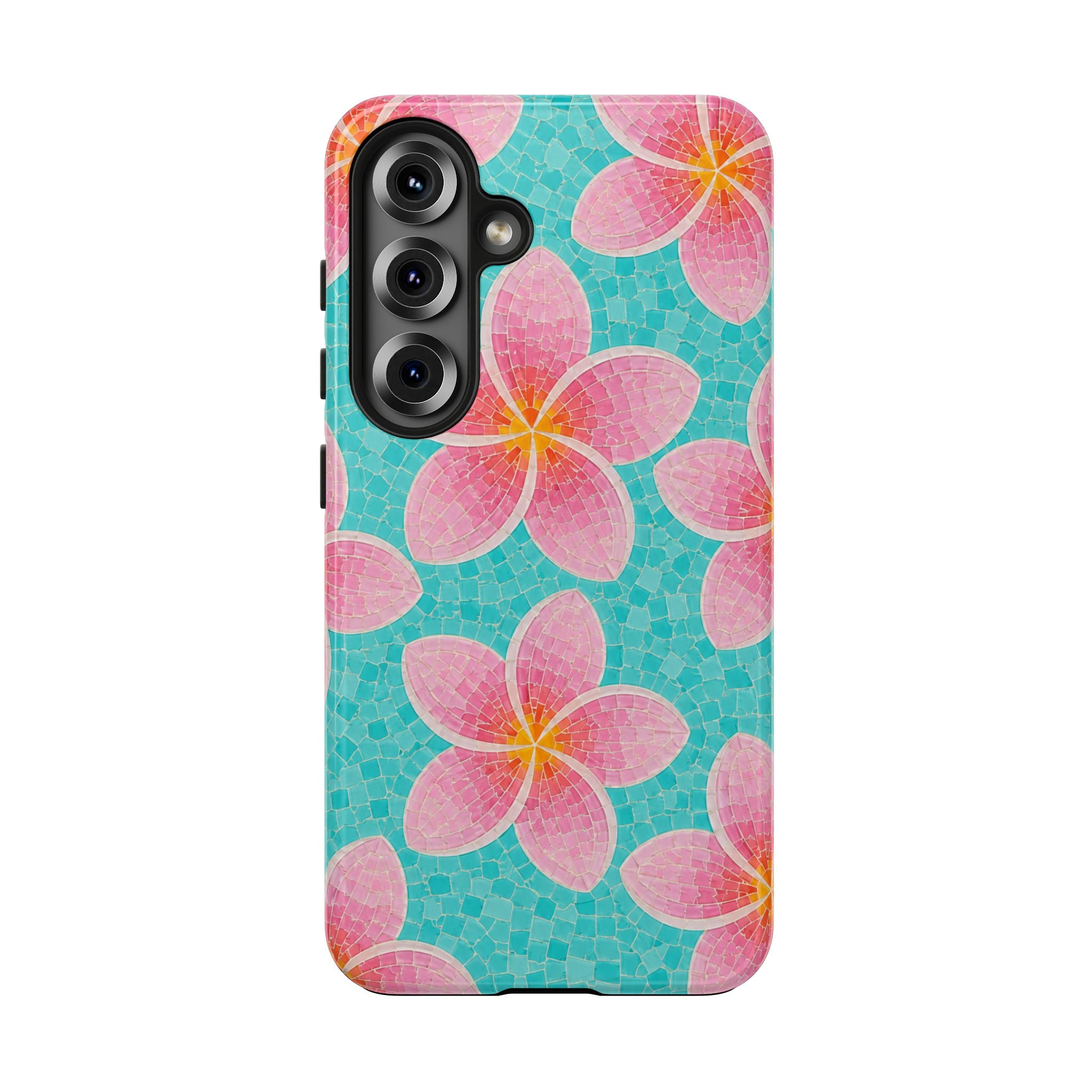 Pink Plumeria Faux Mosaic Phone Case | Tropical Floral Aqua iPhone & Samsung Galaxy Case | Beachy Summer Protective Cover