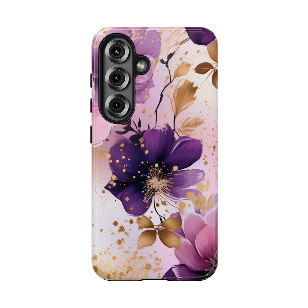 Purple Floral Phone Case for iPhone & Samsung Galaxy | Elegant Pink & Gold Flower Tough Case | Feminine Protective Floral Cover