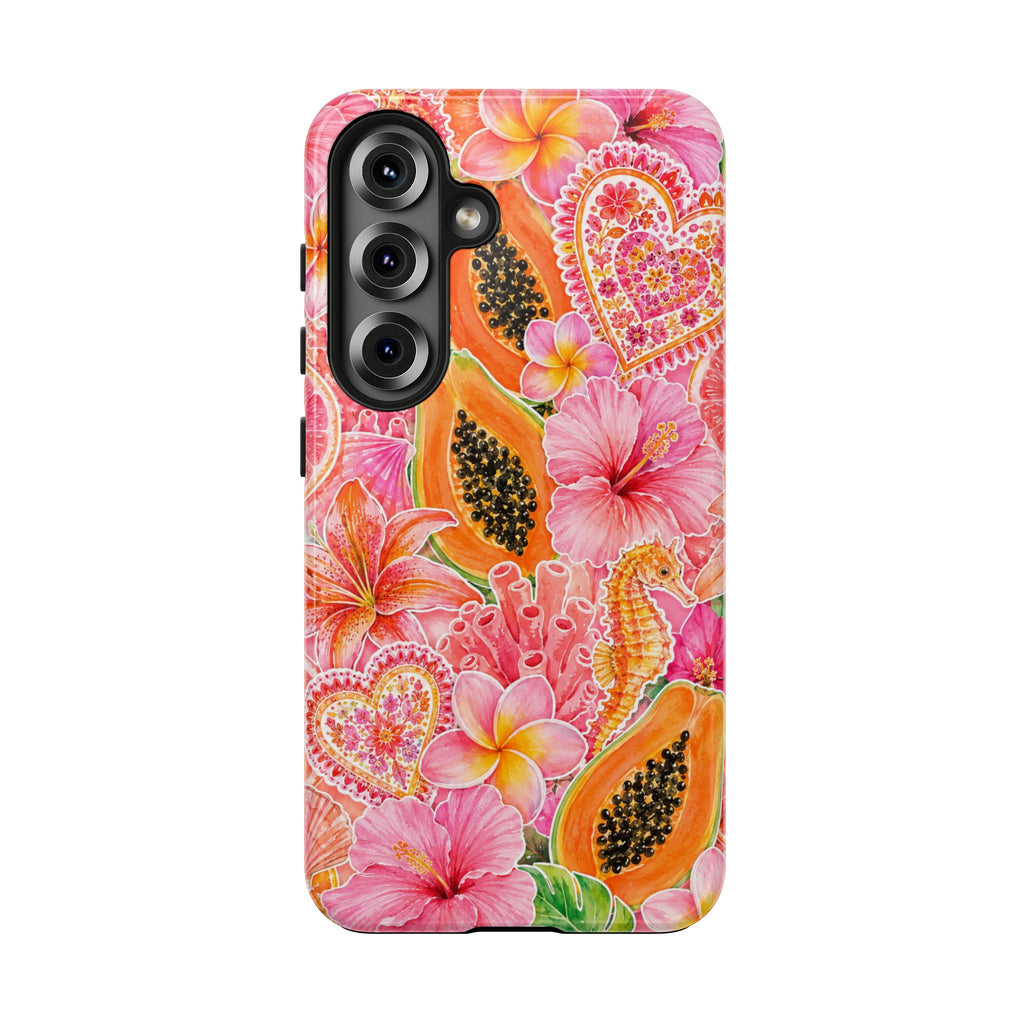 Tropical Hibiscus Papaya Phone Case | Pink Floral Beach Aesthetic Tough Case for iPhone & Samsung