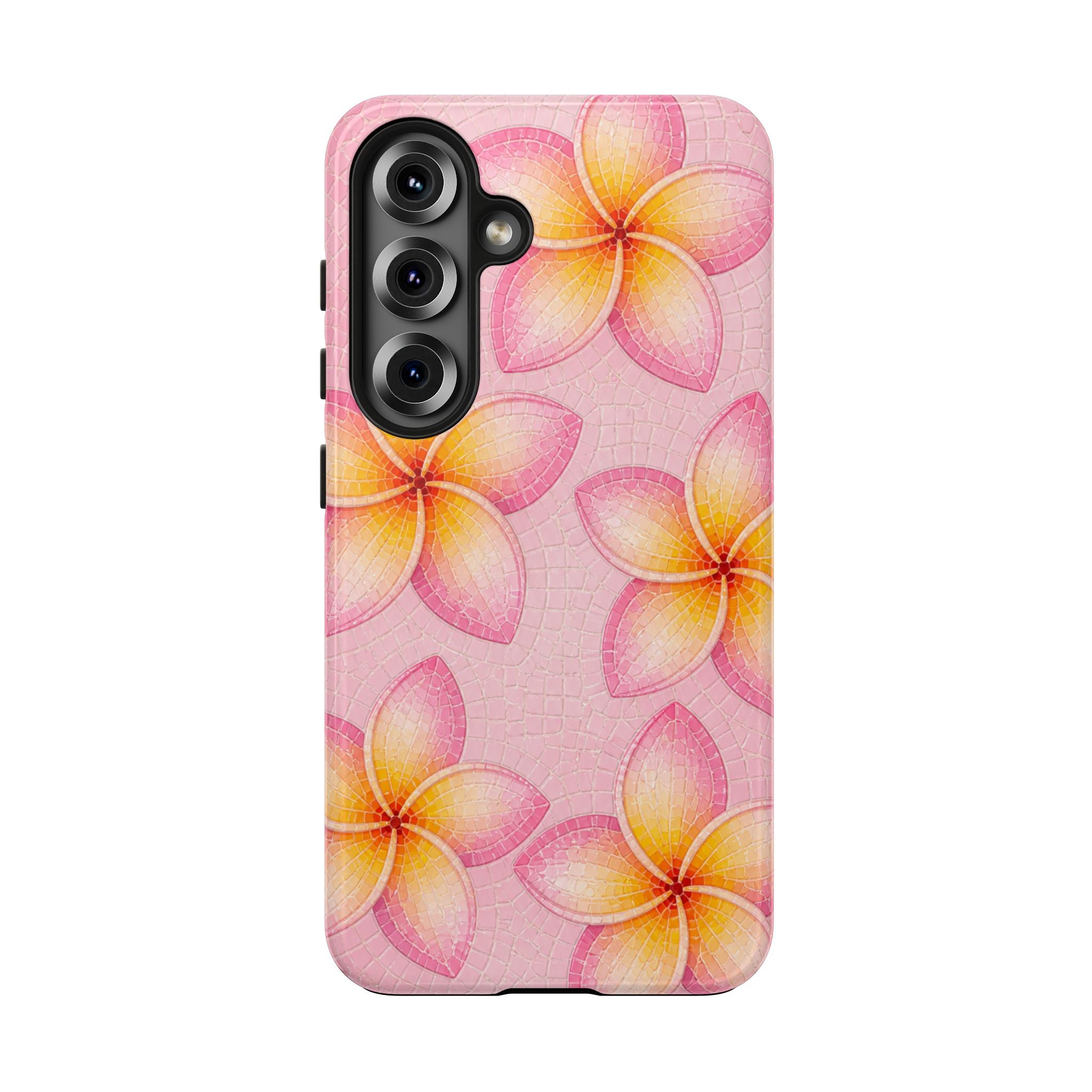 Pink Plumeria Stained Glass Phone Case | Tropical Floral Mosaic iPhone 17 case | Cute Aesthetic Tough Case for iPhone & Samsung