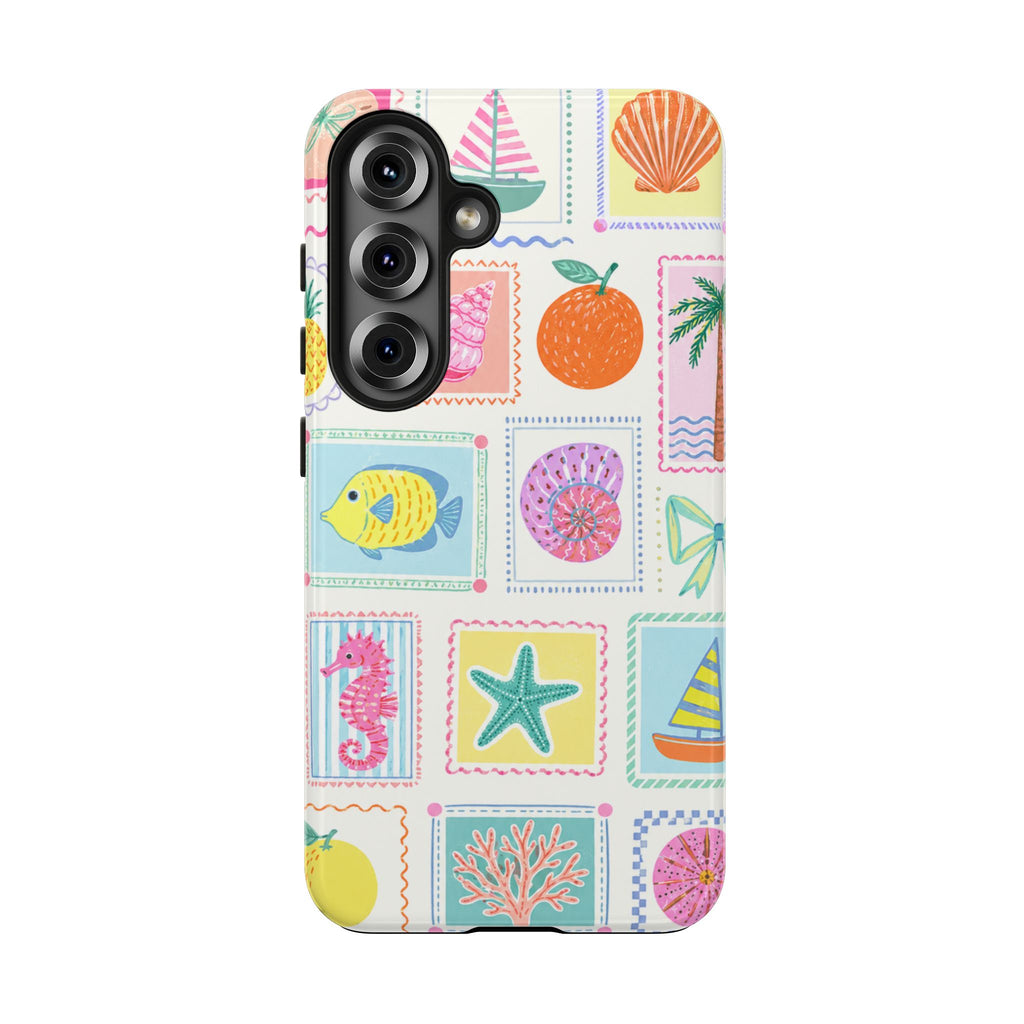 Coastal Postcard Phone Case | Cute Beach Summer Aesthetic Case for iPhone & Samsung | Tropical Stamp Collage Cover Pastel Seashell & Nautical Stamp | Beach Summer Phone Cover