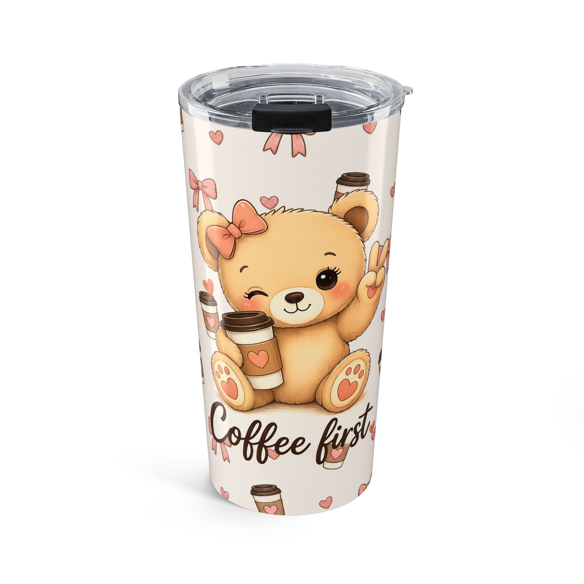 Cute Teddy Bear Coffee Tumbler | Coquette Bow Aesthetic Iced Coffee Cup | Girly 20oz Travel Mug | Coffee Lover Gift | Insulated Travel Cup for Coffee Lovers