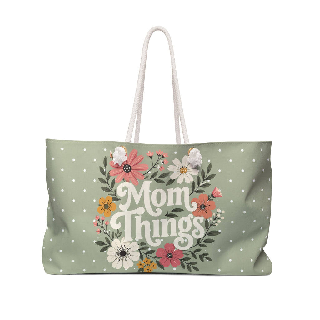 Mom Things Weekender Bag | Stylish & Spacious Travel Tote for Moms | Sage Polka Dot Floral Tote Bag | Mom Floral Weekender Bag | Travel Tote for Moms