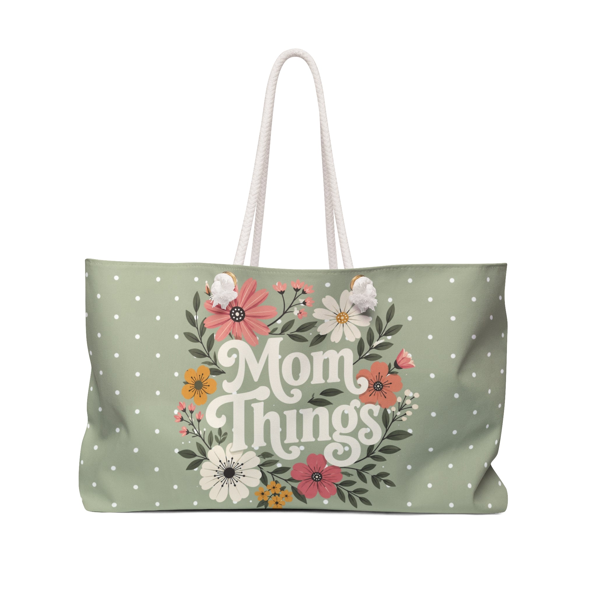 Mom Things Weekender Bag | Stylish & Spacious Travel Tote for Moms | Sage Polka Dot Floral Tote Bag | Mom Floral Weekender Bag | Travel Tote for Moms