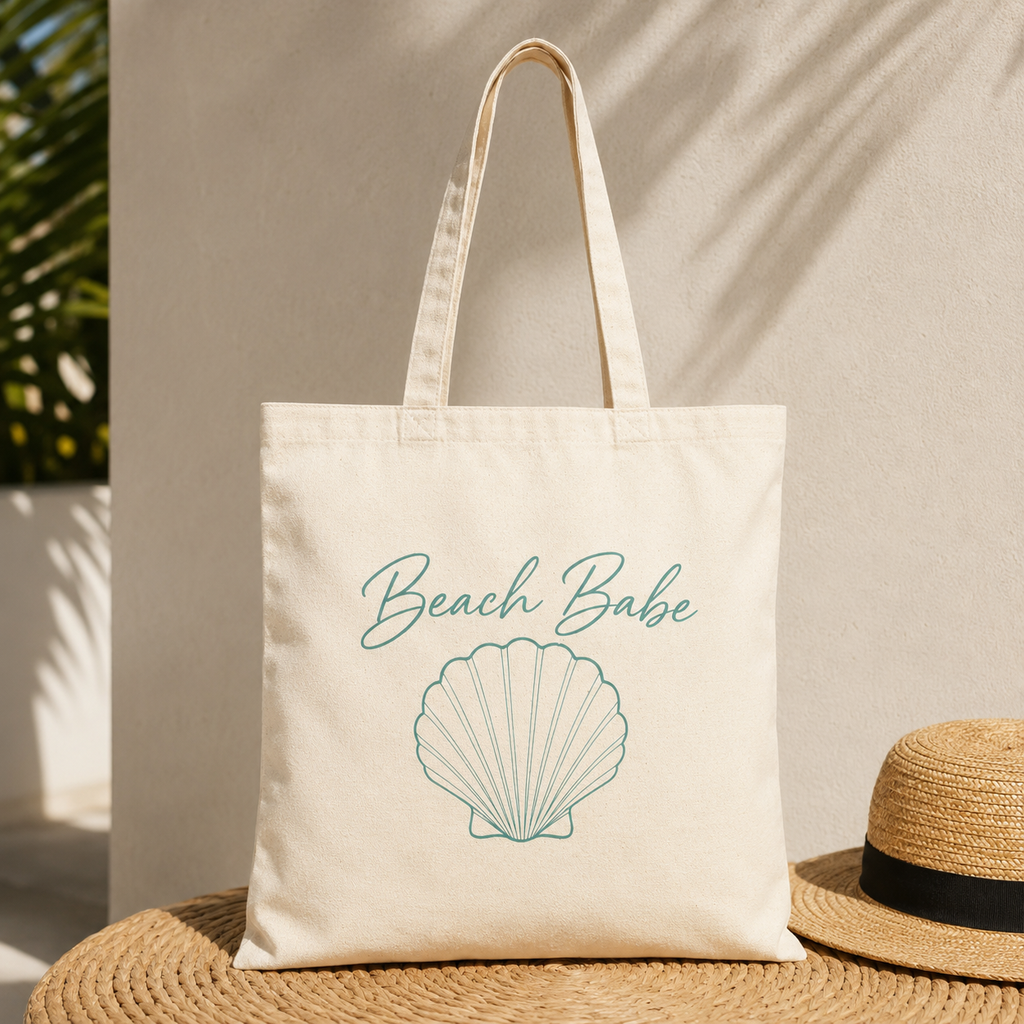 Beach Babe Canvas Tote Bag | Cute Coastal Beach Tote | Reusable Cotton Shopping Bag | Summer Vacation Tote | Seashell Aesthetic Gift for Beach Lovers