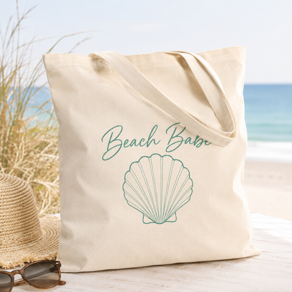 Beach Babe Canvas Tote Bag | Cute Coastal Beach Tote | Reusable Cotton Shopping Bag | Summer Vacation Tote | Seashell Aesthetic Gift for Beach Lovers