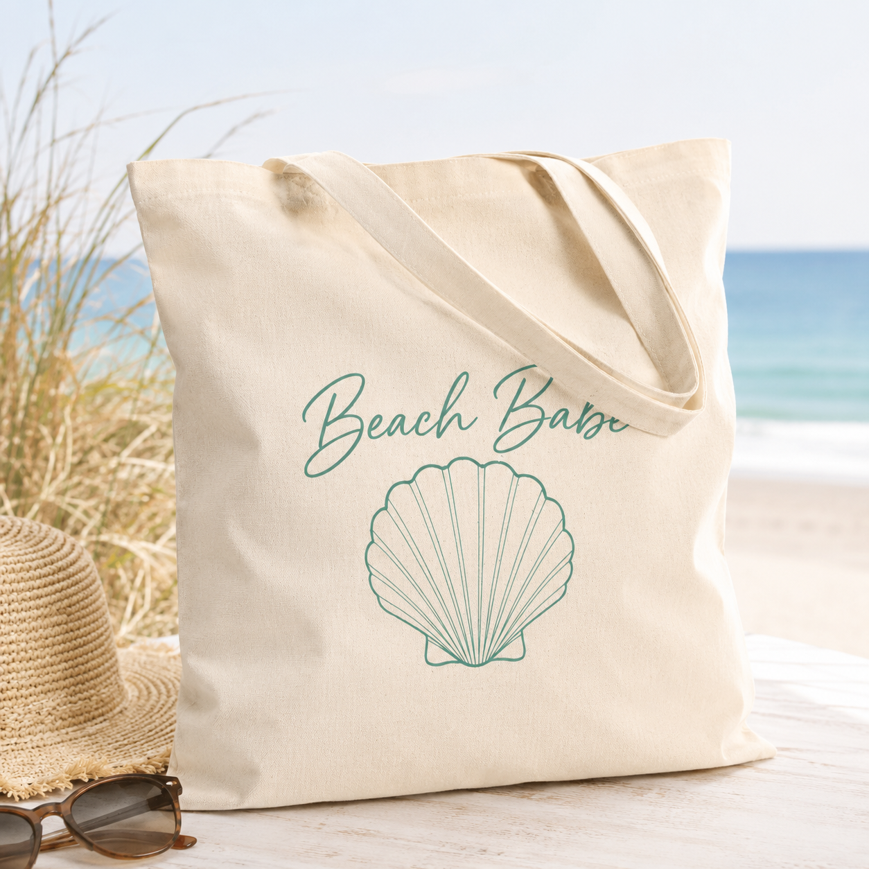 Beach Babe Canvas Tote Bag | Cute Coastal Beach Tote | Reusable Cotton Shopping Bag | Summer Vacation Tote | Seashell Aesthetic Gift for Beach Lovers