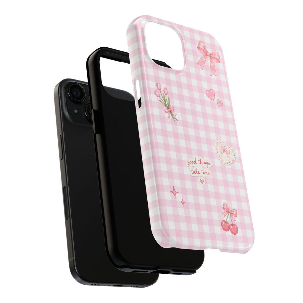 Pink Gingham Coquette Phone Case | Cute Bow & Cherry Aesthetic iPhone Case | Trendy Girly Protective Cover | Cute Cherry & Bow Phone Cover
