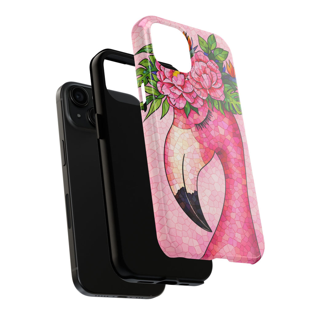 Pink Flamingo Mosaic Phone Case | Tropical Miami Vibes Floral Tough Case for iPhone | Pink Floral Tough Phone Case | Durable Mosaic iPhone Case
