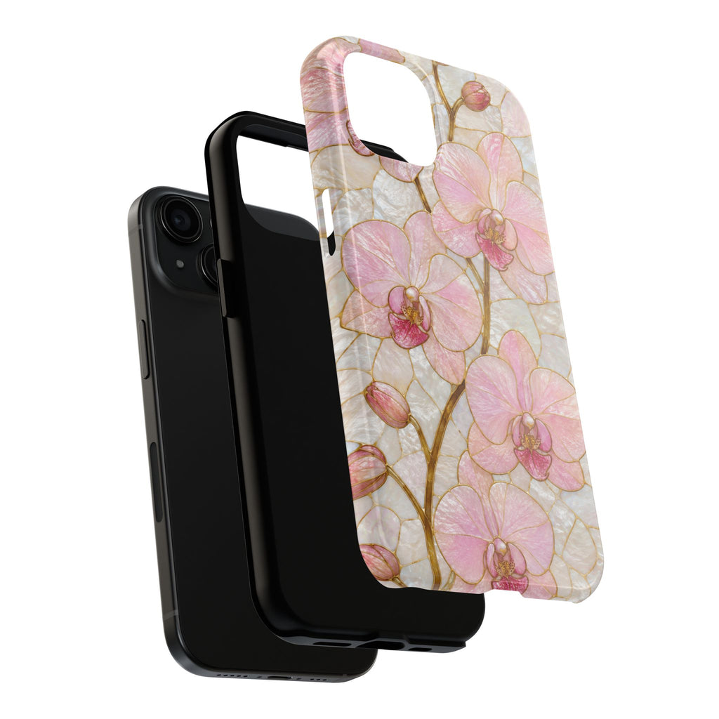 Pink Orchid Stained Glass Tough Phone Case |  Floral Glossy Protective Cover for iPhone & Samsung Galaxy | Tough Phone Case | Floral Protective iPhone Cover