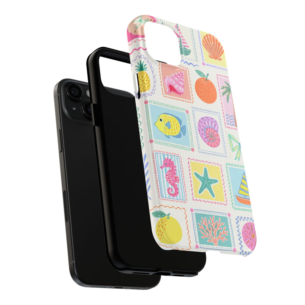 Coastal Postcard Phone Case | Cute Beach Summer Aesthetic Case for iPhone & Samsung | Tropical Stamp Collage Cover Pastel Seashell & Nautical Stamp | Beach Summer Phone Cover