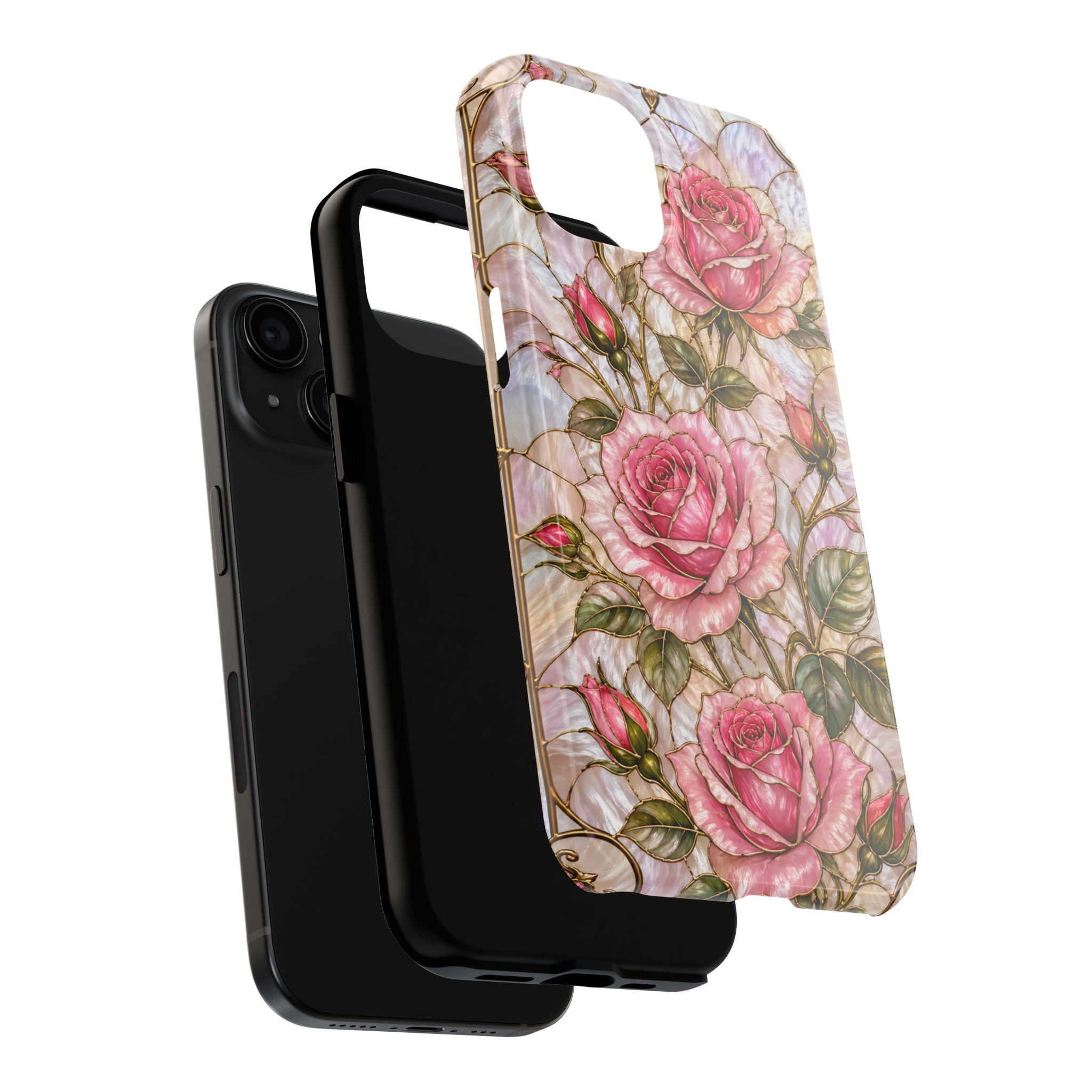 Luxury Pink Roses Stained Glass Phone Case | Pearly Floral Design with Gold Details | iPhone & Samsung Protective Case | Pink Floral Protective Cover