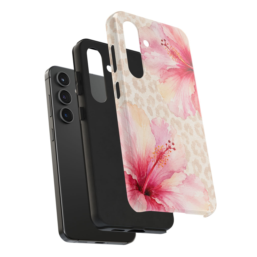 Pink Hibiscus Floral Phone Case | Beige Leopard Print Watercolor Case | Tropical Chic iPhone & Samsung Galaxy Cover