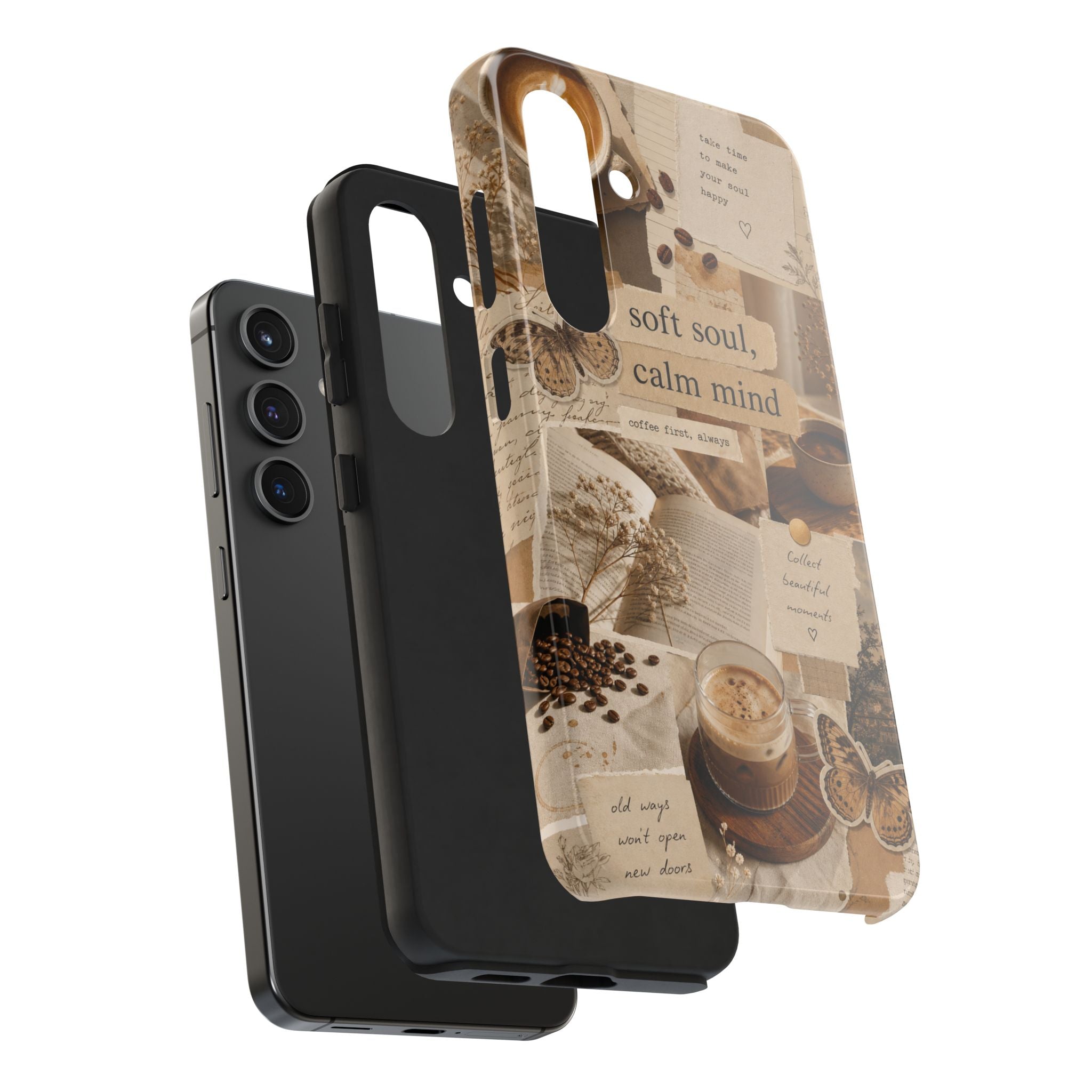 Aesthetic Coffee Collage Phone Case | Soft Soul, Calm Mind - Cozy Vibes | Tough Protective Case for iPhone & Samsung | Butterfly Protective Case