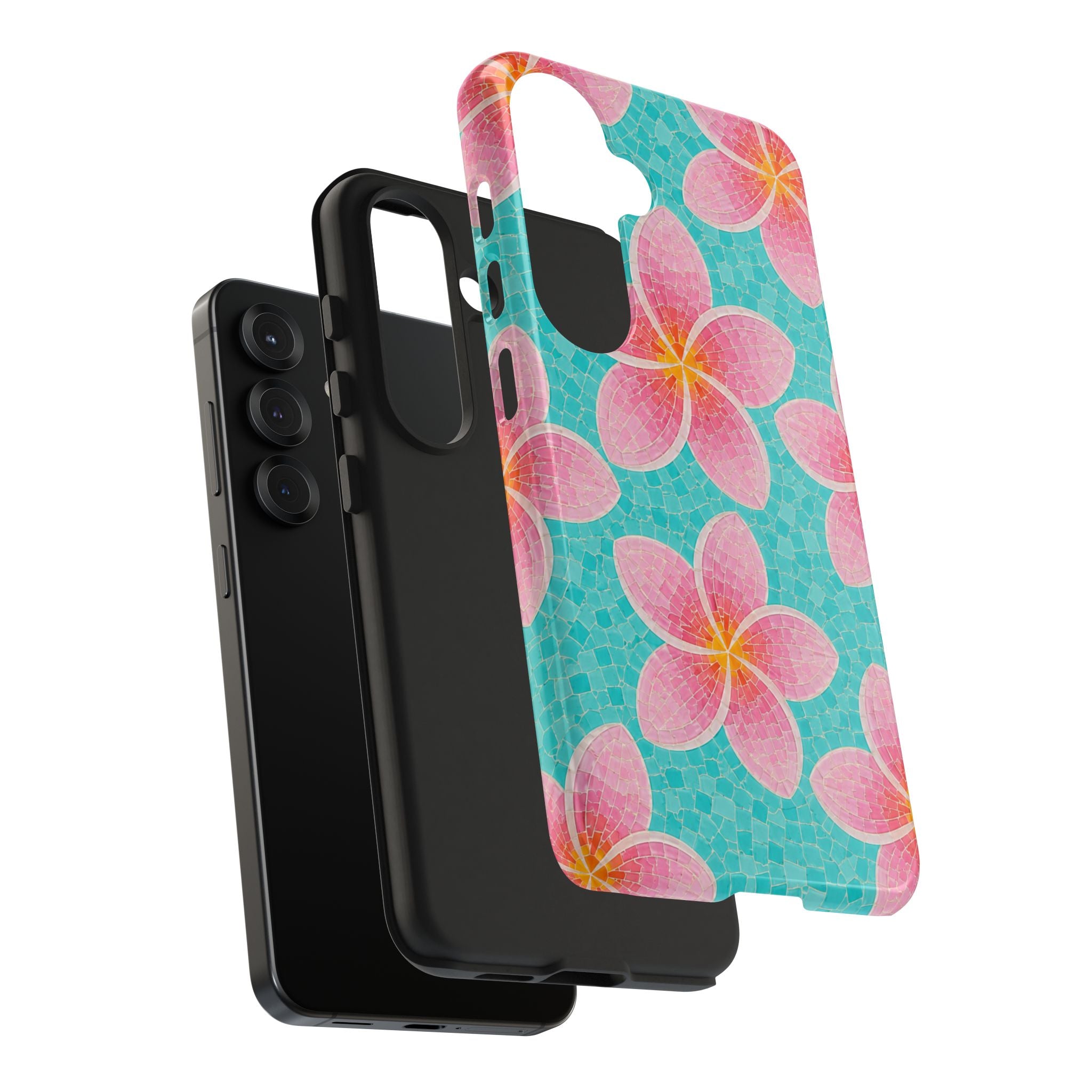 Pink Plumeria Faux Mosaic Phone Case | Tropical Floral Aqua iPhone & Samsung Galaxy Case | Beachy Summer Protective Cover