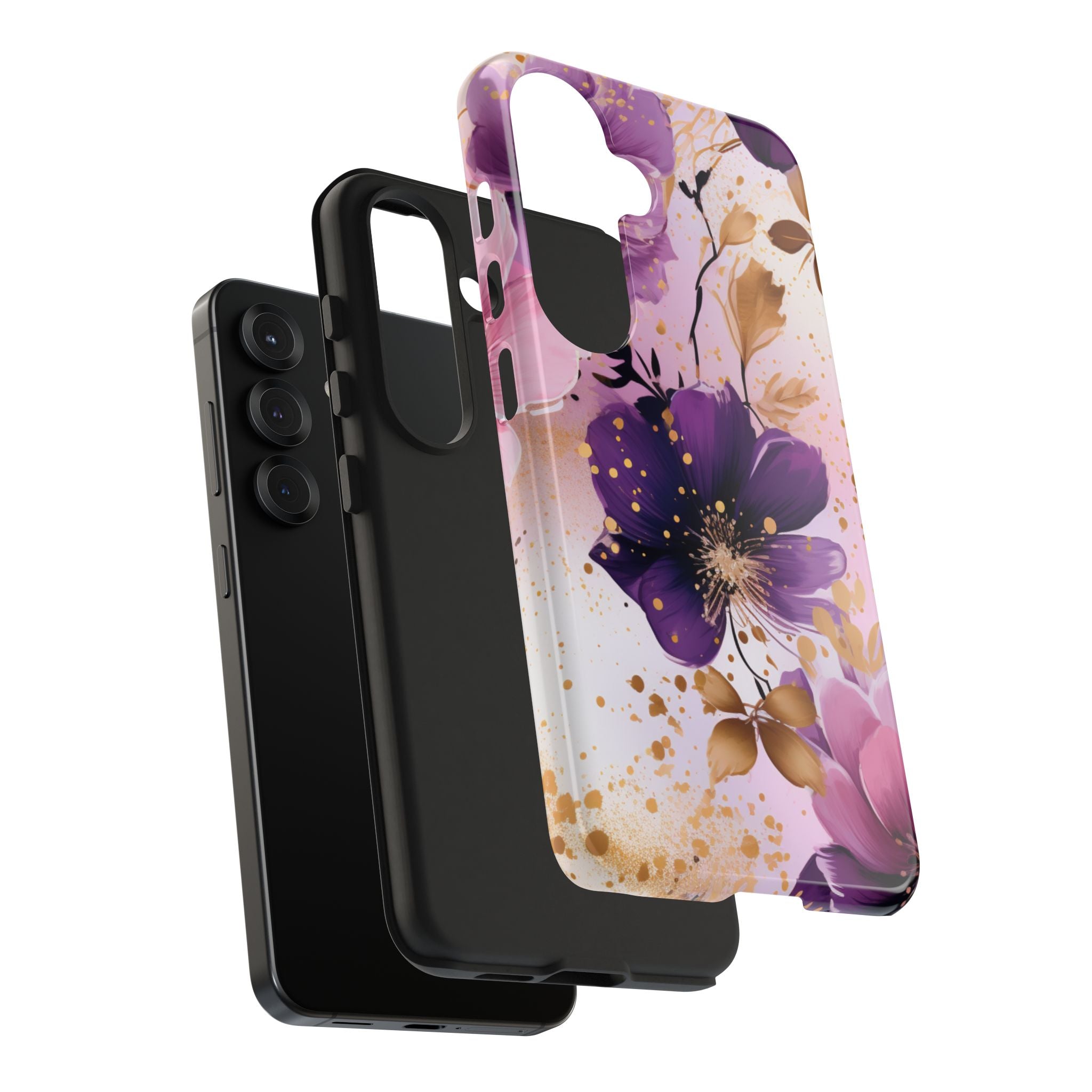 Purple Floral Phone Case for iPhone & Samsung Galaxy | Elegant Pink & Gold Flower Tough Case | Feminine Protective Floral Cover