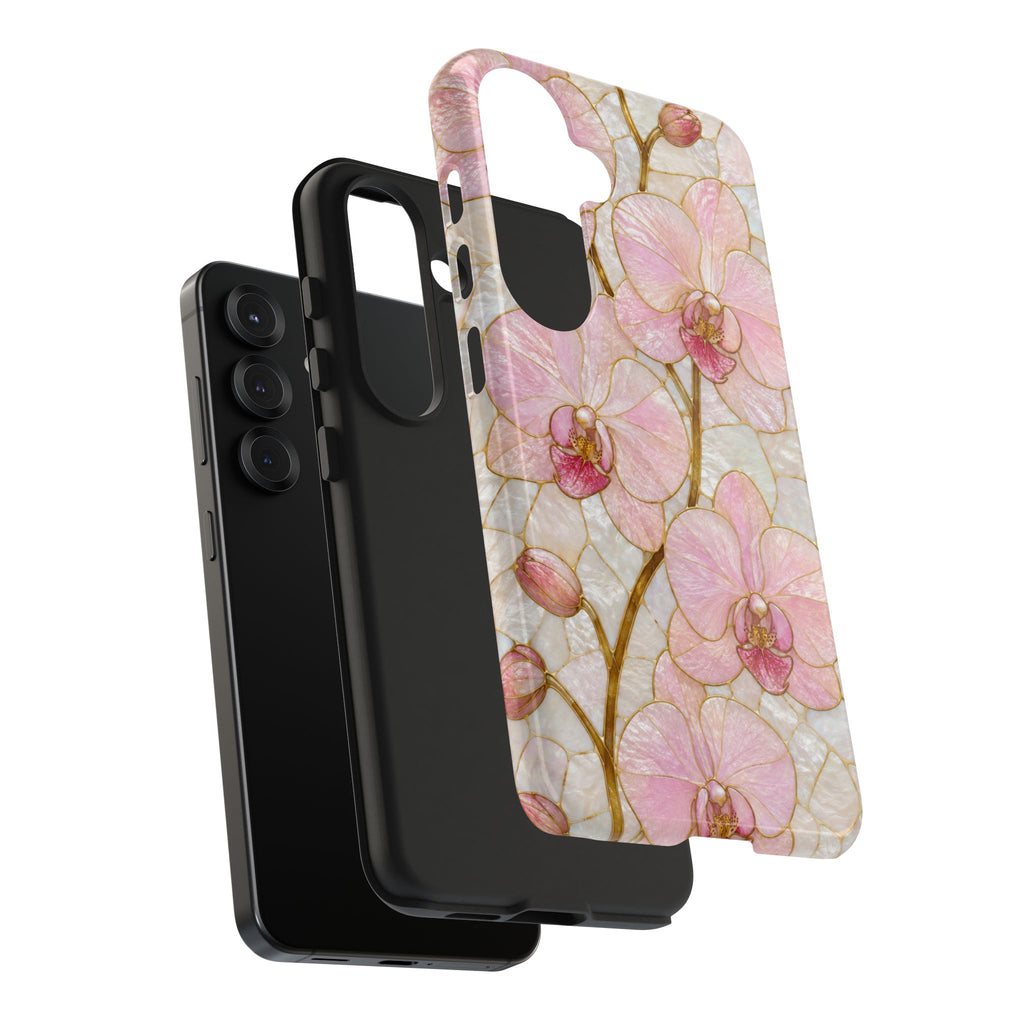 Pink Orchid Stained Glass Tough Phone Case |  Floral Glossy Protective Cover for iPhone & Samsung Galaxy | Tough Phone Case | Floral Protective iPhone Cover