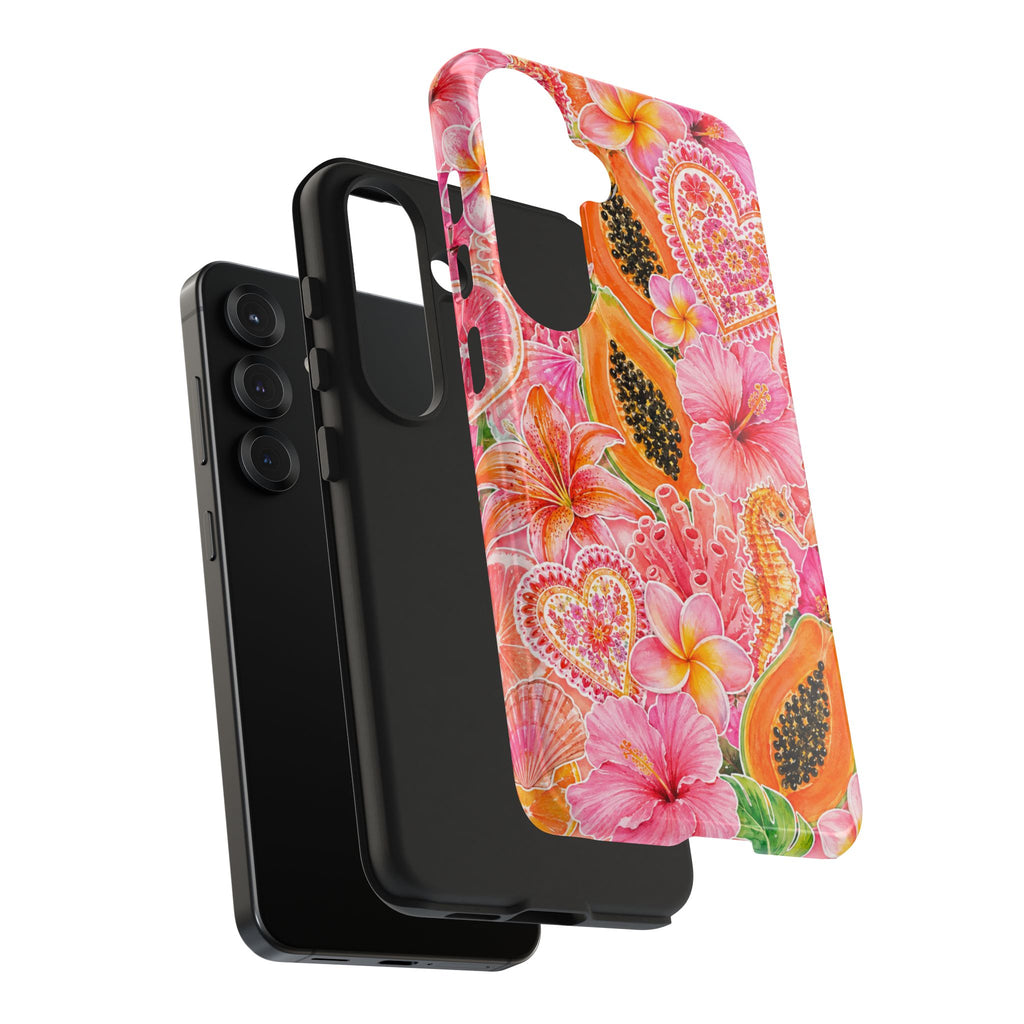 Tropical Hibiscus Papaya Phone Case | Pink Floral Beach Aesthetic Tough Case for iPhone & Samsung