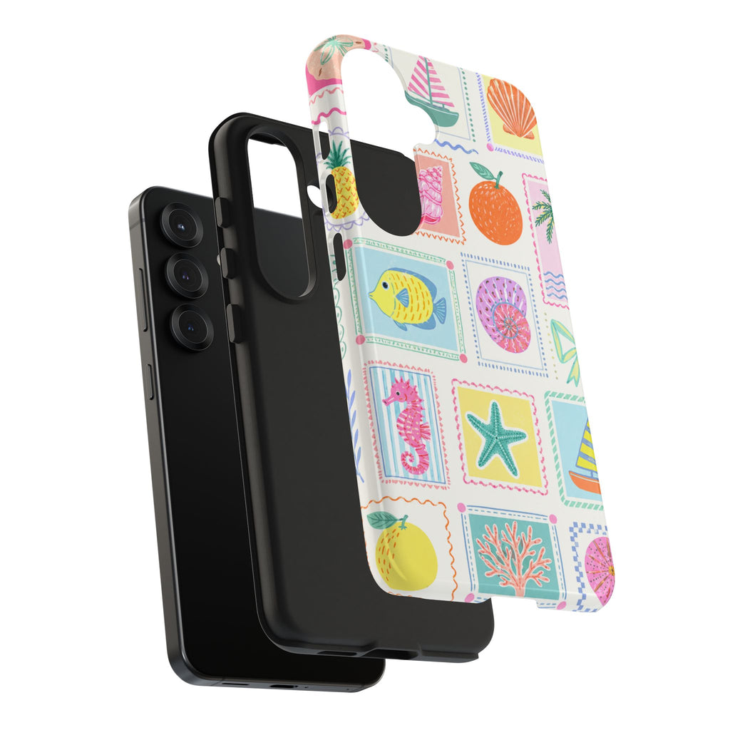 Coastal Postcard Phone Case | Cute Beach Summer Aesthetic Case for iPhone & Samsung | Tropical Stamp Collage Cover Pastel Seashell & Nautical Stamp | Beach Summer Phone Cover