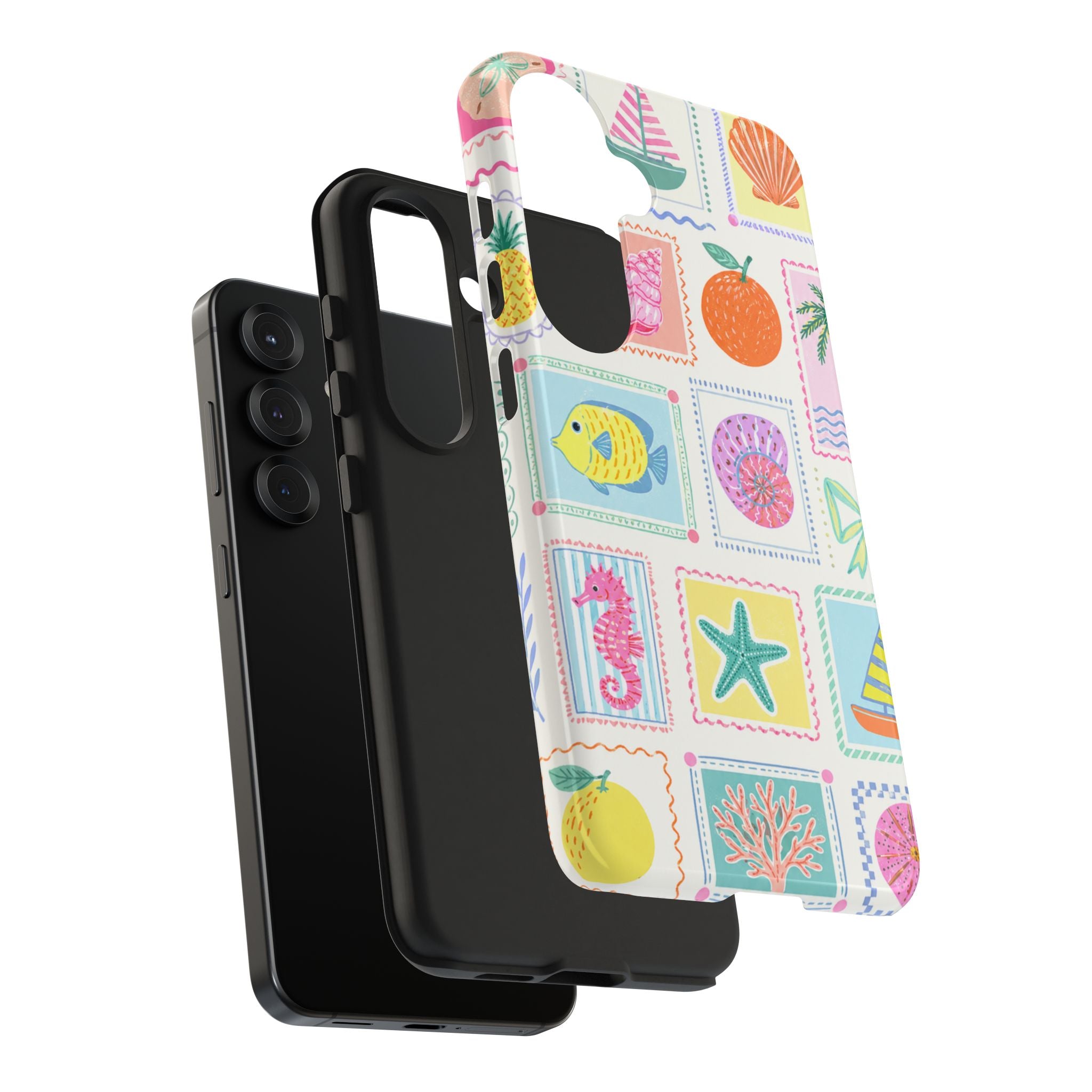 Coastal Postcard Phone Case | Cute Beach Summer Aesthetic Case for iPhone & Samsung | Tropical Stamp Collage Cover Pastel Seashell & Nautical Stamp | Beach Summer Phone Cover