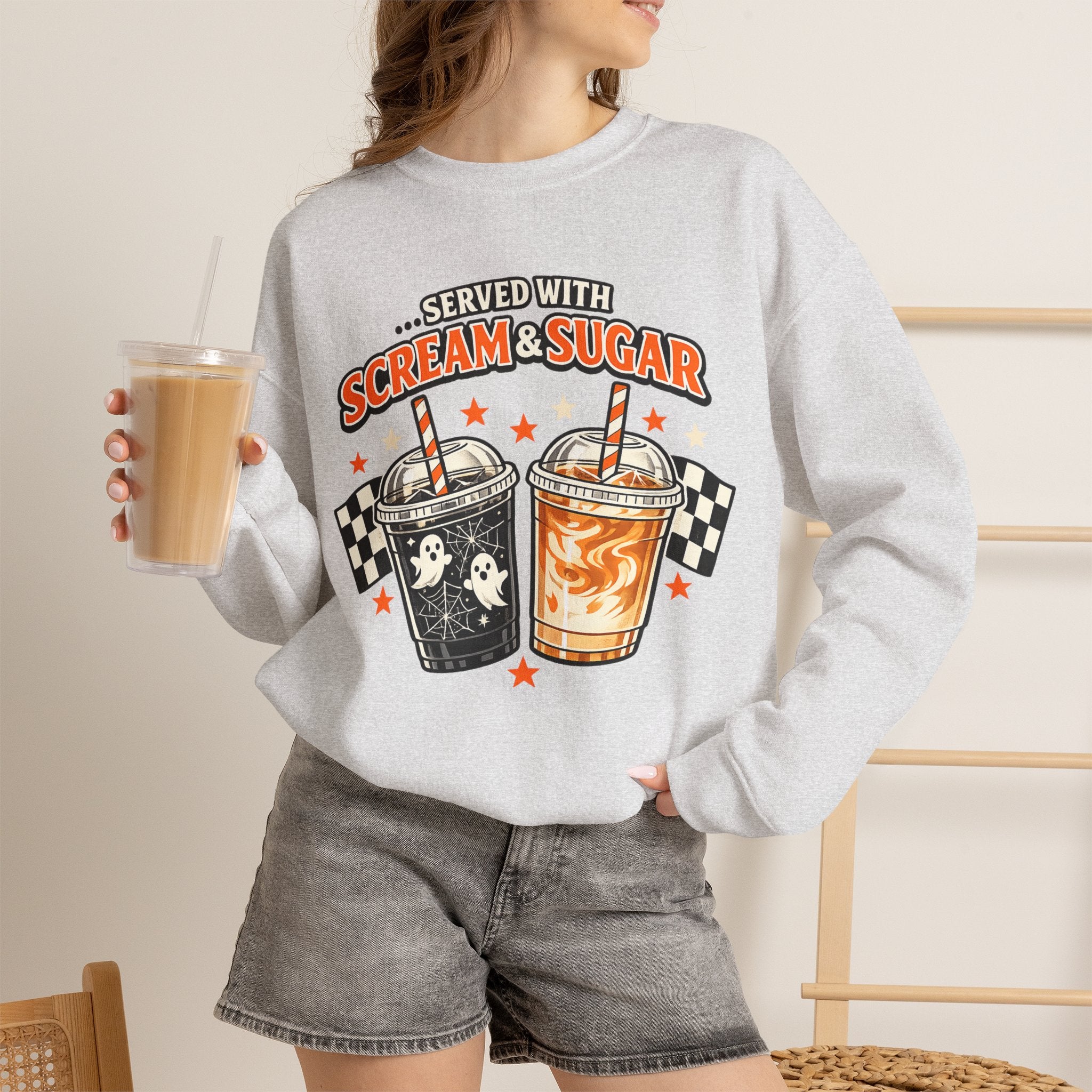 Halloween Coffee Sweatshirt – Served With Scream & Sugar | Cute Ghost Iced Coffee Crewneck | Spooky Fall Coffee Lover Sweatshirt | Cozy Autumn Halloween Pullover Gift