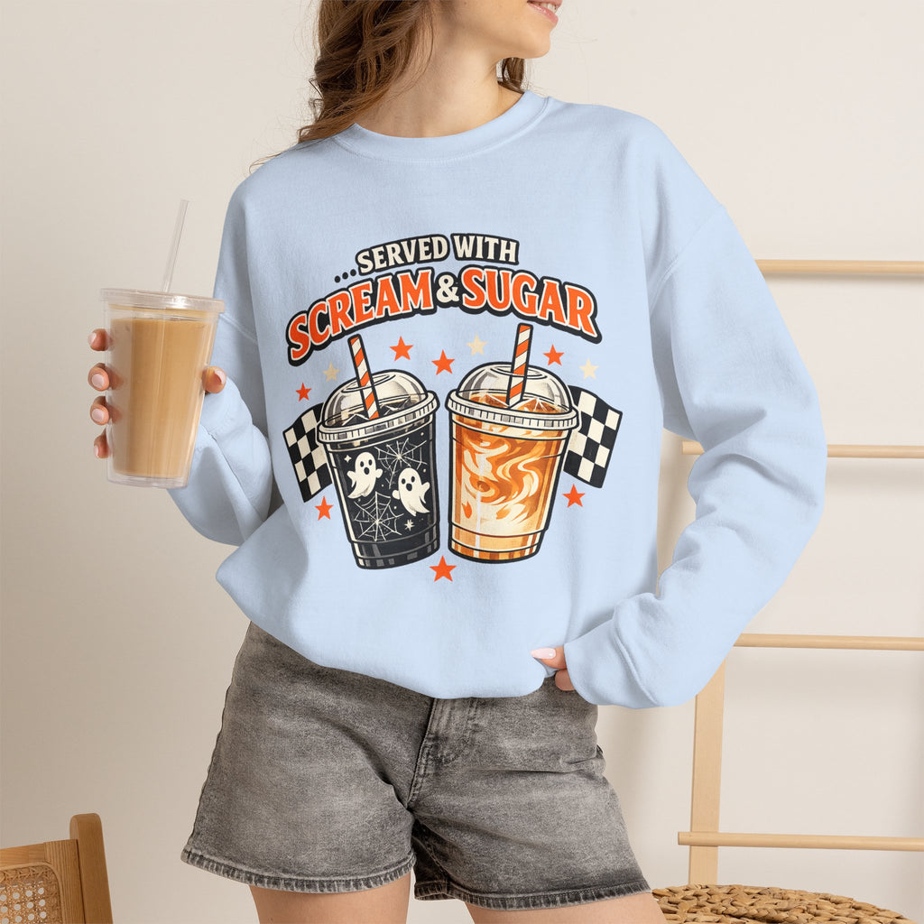 Halloween Coffee Sweatshirt – Served With Scream & Sugar | Cute Ghost Iced Coffee Crewneck | Spooky Fall Coffee Lover Sweatshirt | Cozy Autumn Halloween Pullover Gift