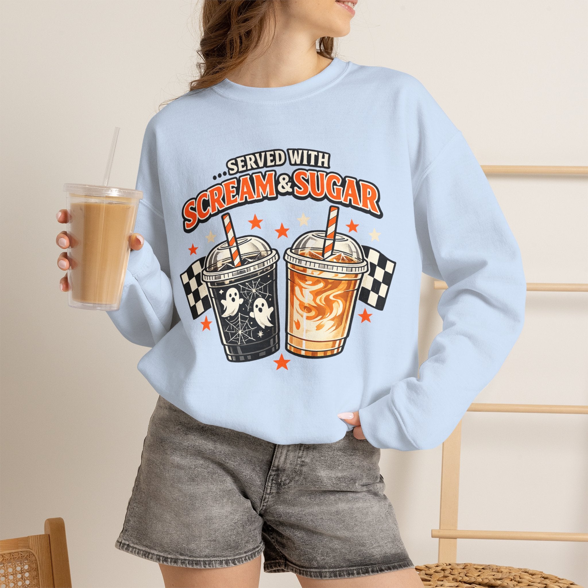 Halloween Coffee Sweatshirt – Served With Scream & Sugar | Cute Ghost Iced Coffee Crewneck | Spooky Fall Coffee Lover Sweatshirt | Cozy Autumn Halloween Pullover Gift